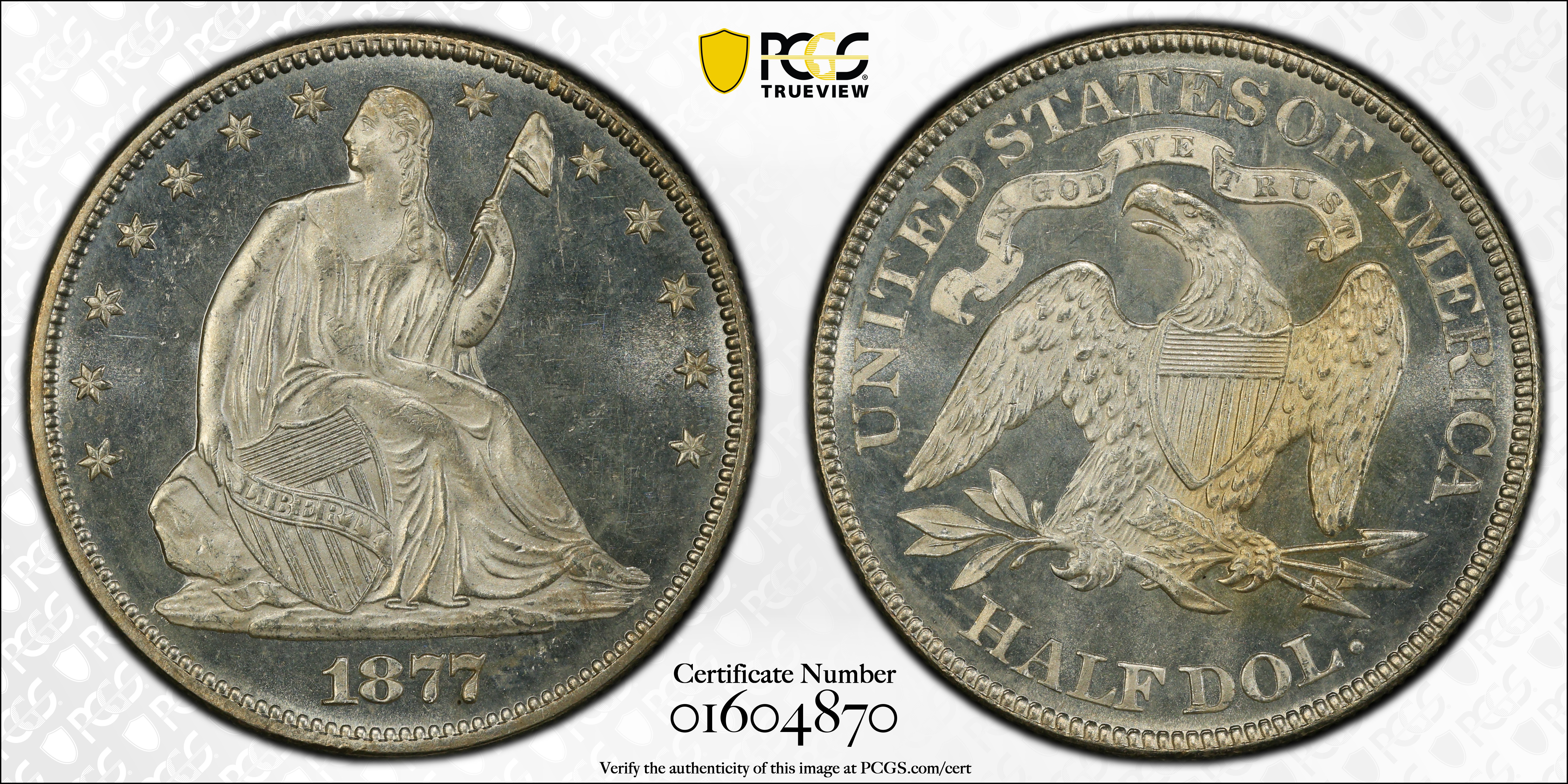 image for: 1877 Liberty Seated Half Dollar. WB-103. Type II Reverse. MS-66 PL (PCGS).
