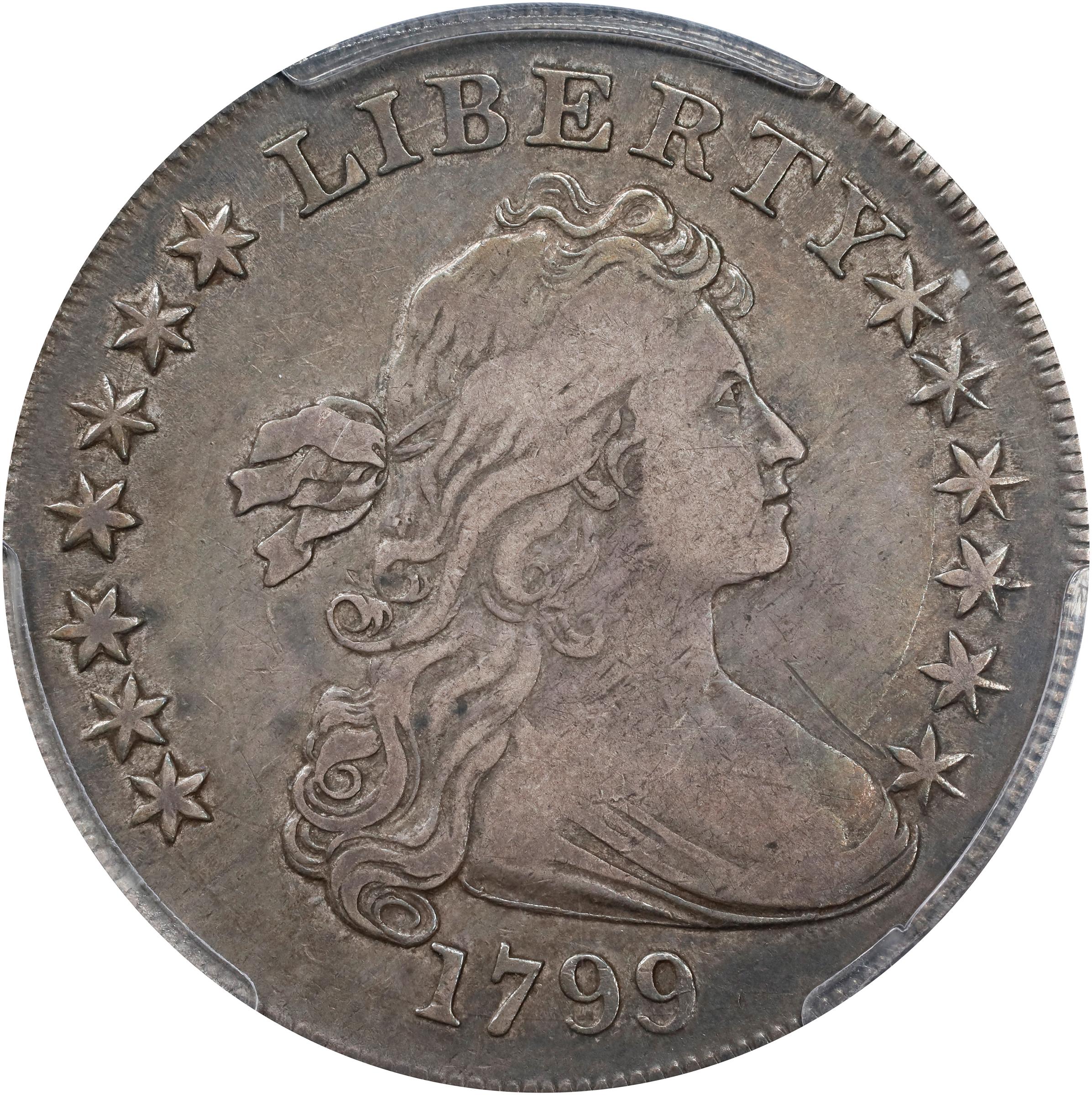 image for: 1799 Draped Bust Silver Dollar. BB-152, B-15a. Rarity-3. Irregular Date, 13-Star Reverse. VF-30 (PCGS). CAC.