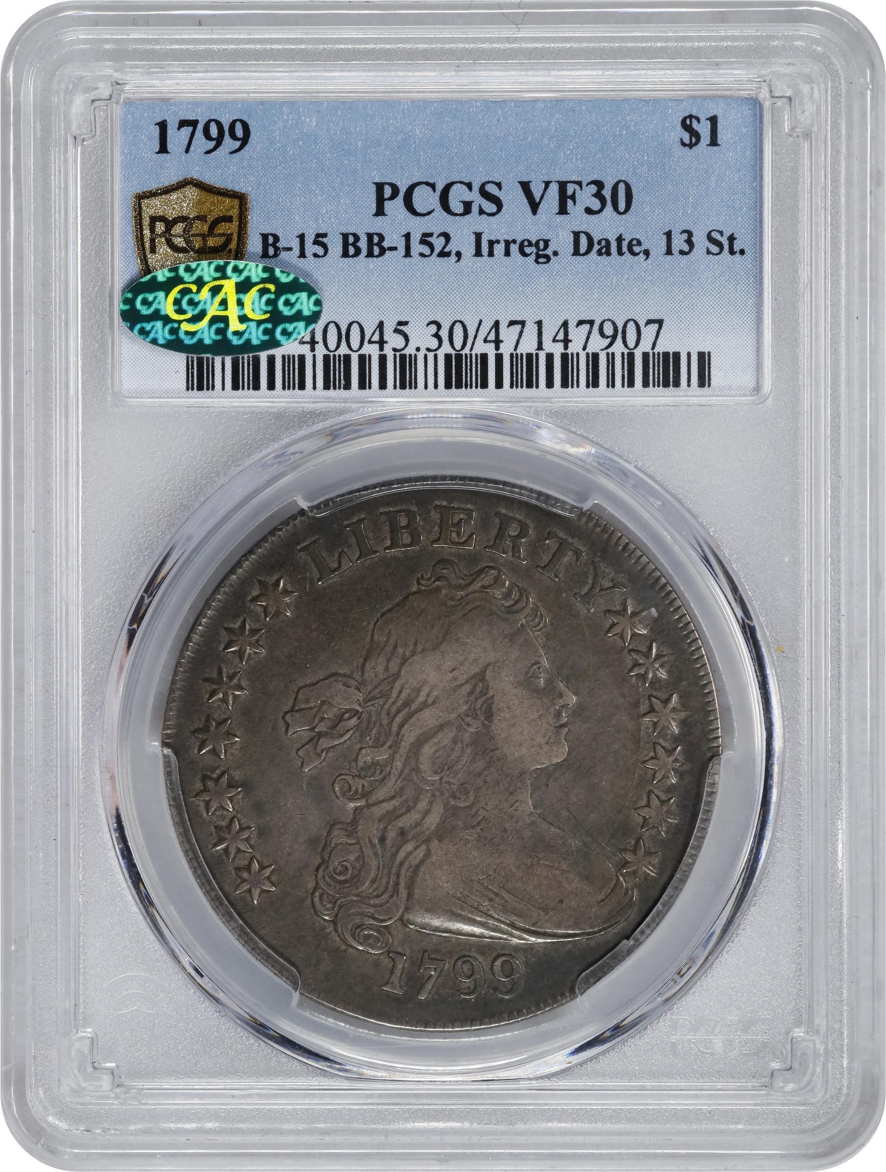 image for: 1799 Draped Bust Silver Dollar. BB-152, B-15a. Rarity-3. Irregular Date, 13-Star Reverse. VF-30 (PCGS). CAC.