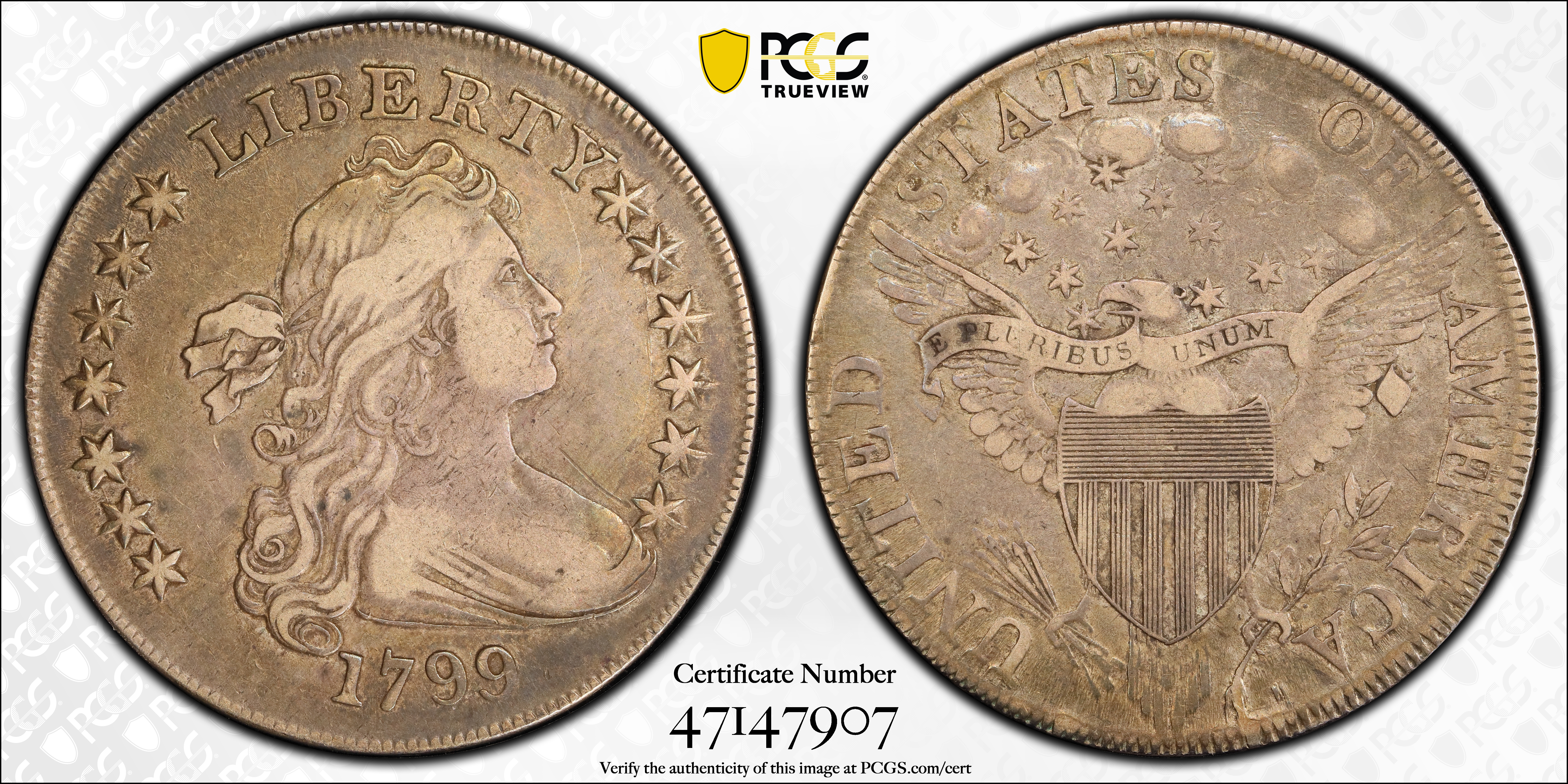 image for: 1799 Draped Bust Silver Dollar. BB-152, B-15a. Rarity-3. Irregular Date, 13-Star Reverse. VF-30 (PCGS). CAC.