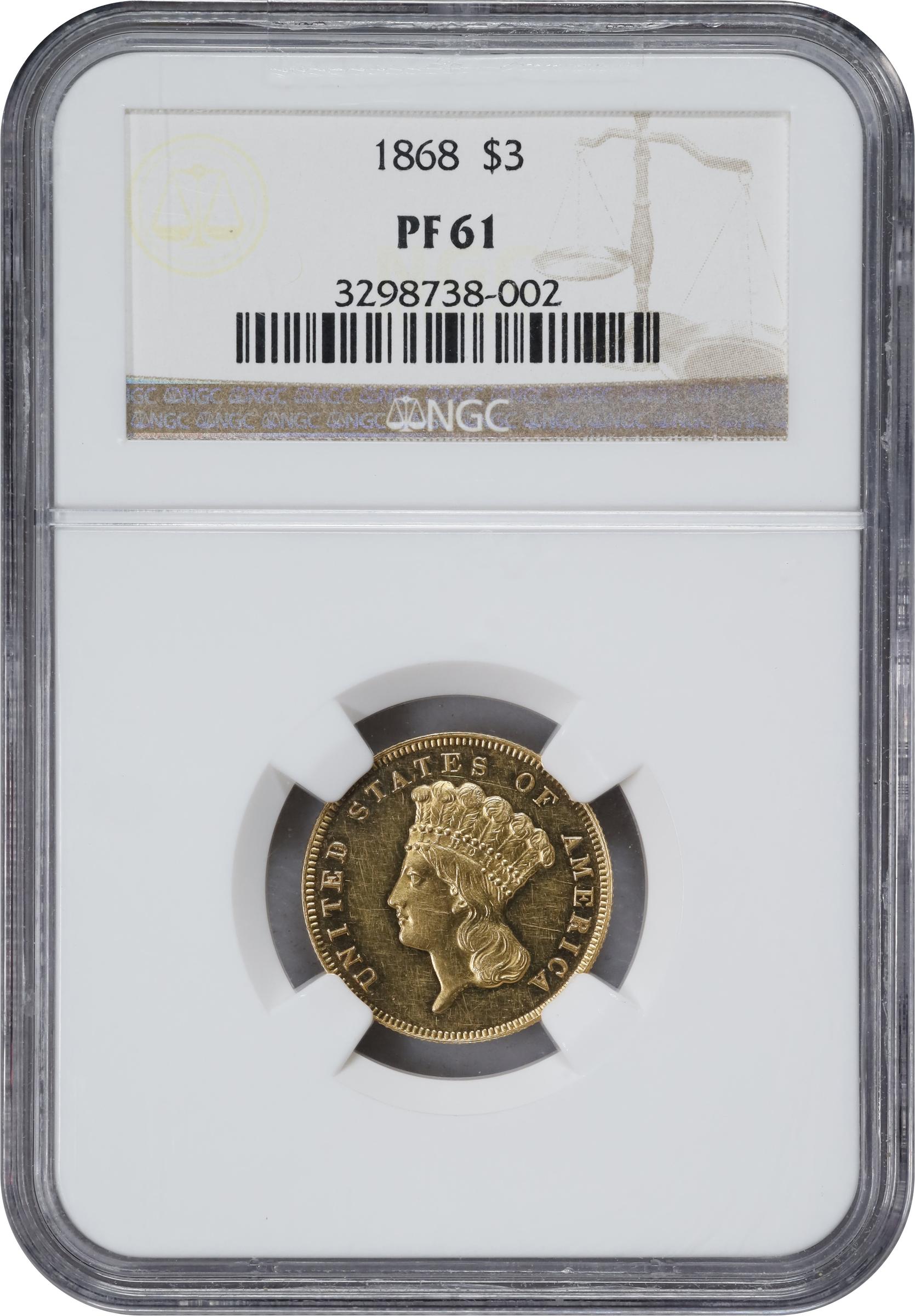 image for: 1868 Three-Dollar Gold Piece. JD-1. Rarity-6+. Proof-61 (NGC).