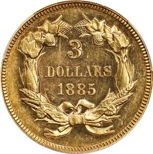 image for: 1885 Three-Dollar Gold Piece. JD-1. Rarity-4+. Proof-58 (PCGS). CAC. CMQ.