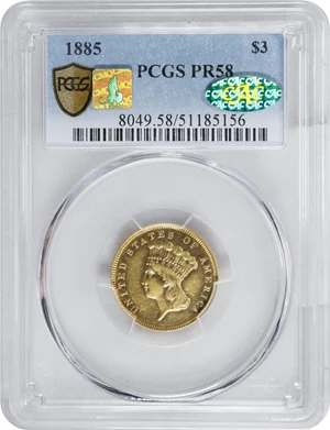 image for: 1885 Three-Dollar Gold Piece. JD-1. Rarity-4+. Proof-58 (PCGS). CAC. CMQ.