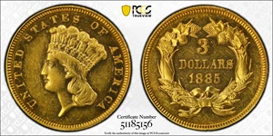 image for: 1885 Three-Dollar Gold Piece. JD-1. Rarity-4+. Proof-58 (PCGS). CAC. CMQ.