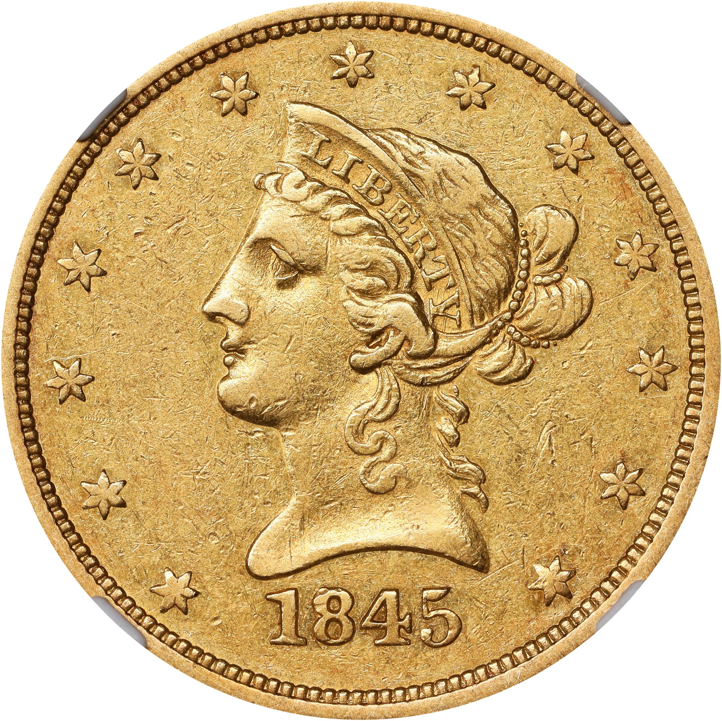 image for: 1845-O Liberty Head Eagle. Winter-1, VP-003. Repunched Date, 84/84. AU-53 (NGC).