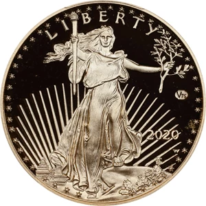 image for: 2020-W One-Ounce Gold Eagle. 75th Anniversary of the End of World War II V75 Privy Mark. 1 of 1945 Struck. First Strike. Proof-69 Deep Cameo (PCGS).