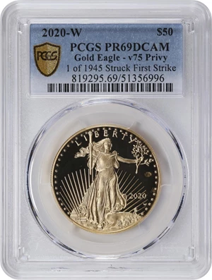 image for: 2020-W One-Ounce Gold Eagle. 75th Anniversary of the End of World War II V75 Privy Mark. 1 of 1945 Struck. First Strike. Proof-69 Deep Cameo (PCGS).