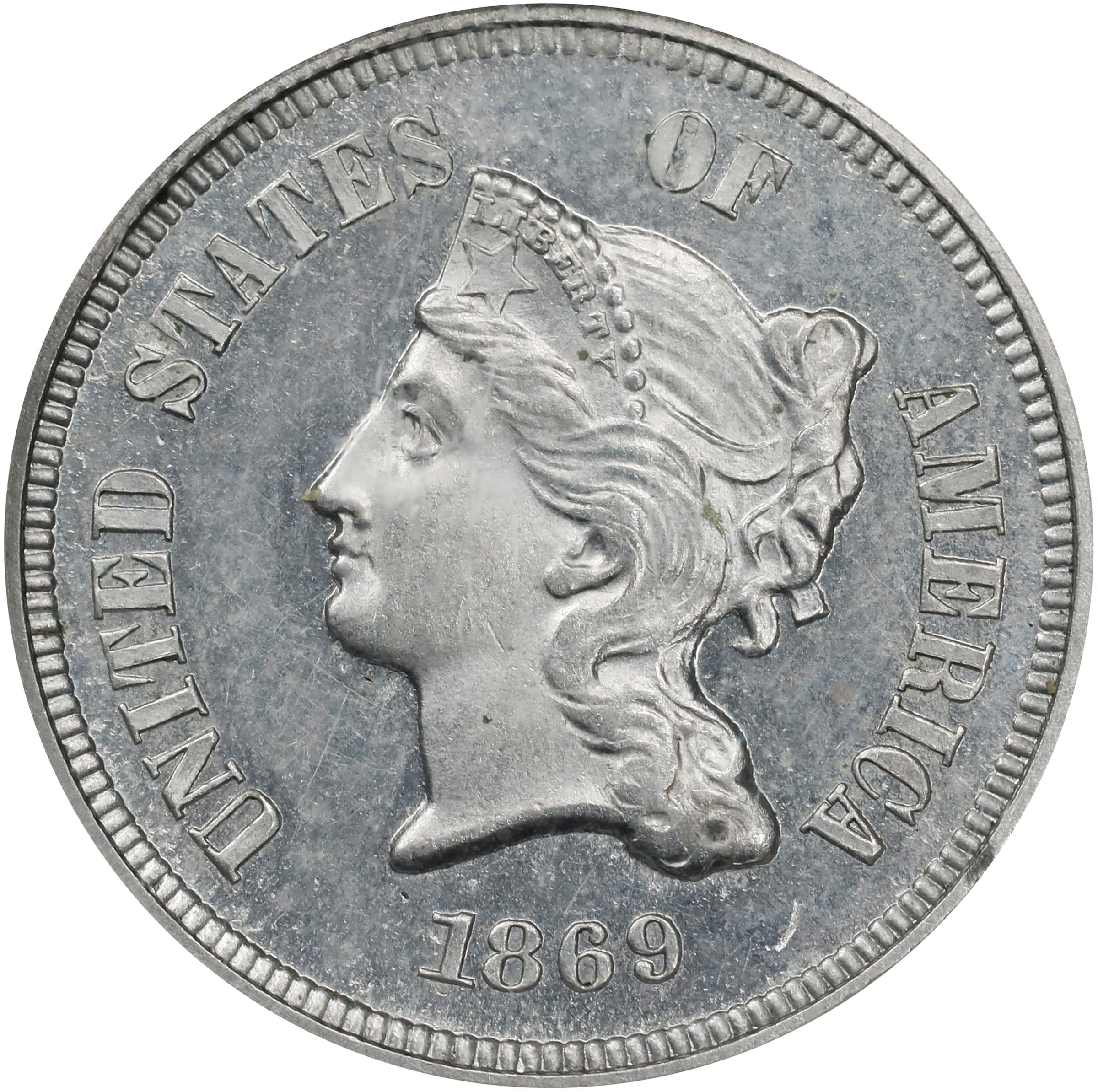 image for: 1869 Pattern Five Cents. Judd-684, Pollock-763. Rarity-5. Nickel. Plain Edge. Proof-64 (NGC).
