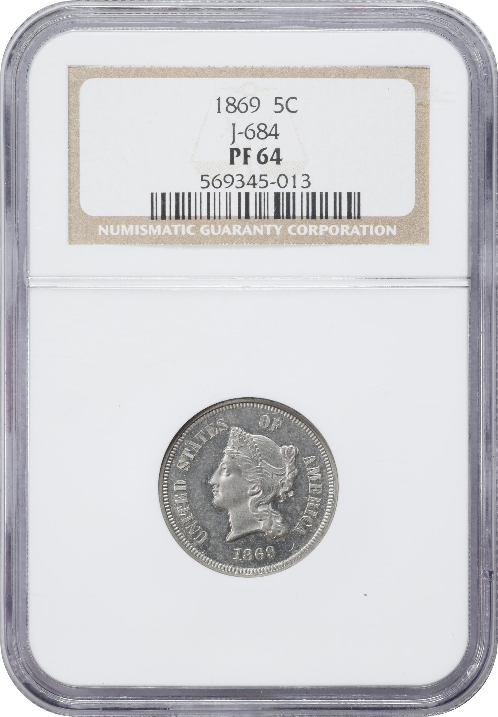 image for: 1869 Pattern Five Cents. Judd-684, Pollock-763. Rarity-5. Nickel. Plain Edge. Proof-64 (NGC).