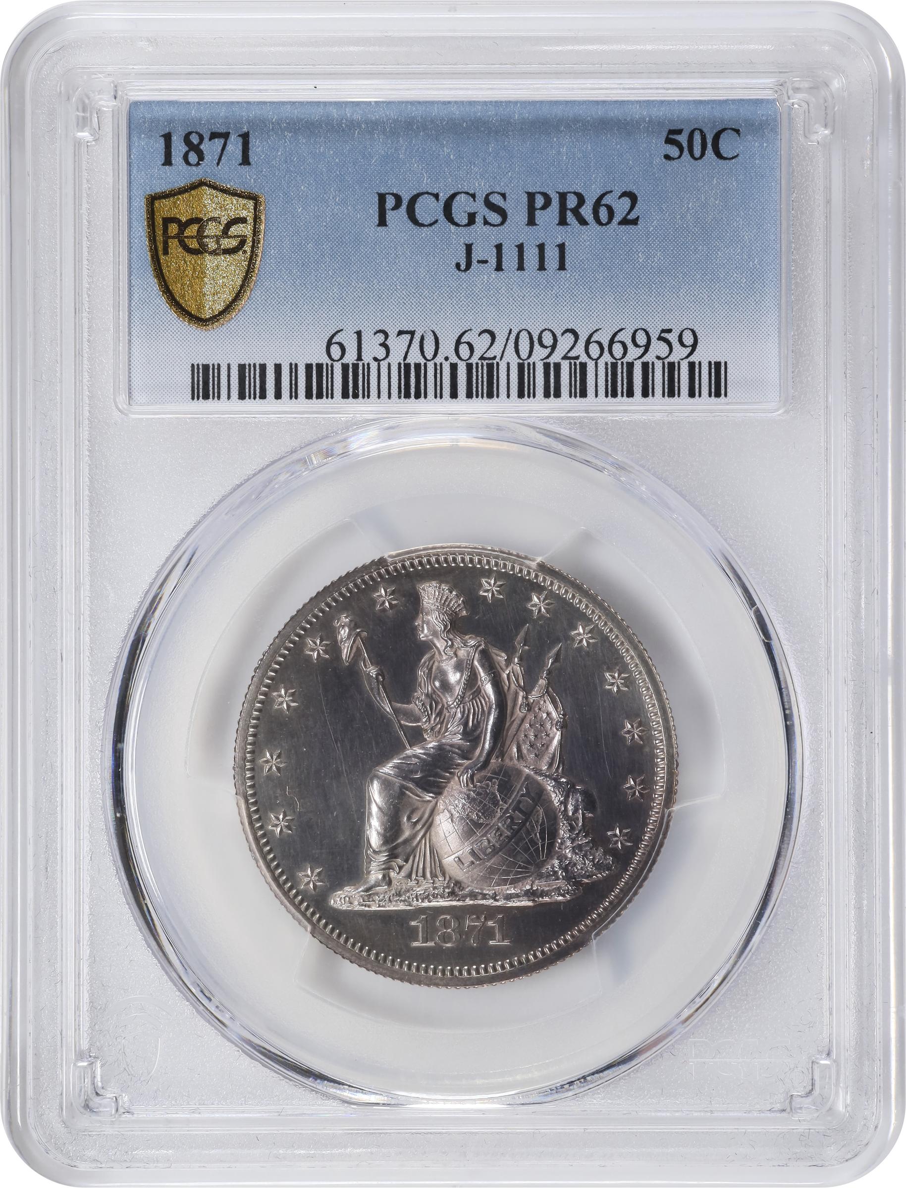 image for: 1871 Pattern Half Dollar. Judd-1111, Pollock-1247. Rarity-7-. Silver. Reeded Edge. Proof-62 (PCGS).