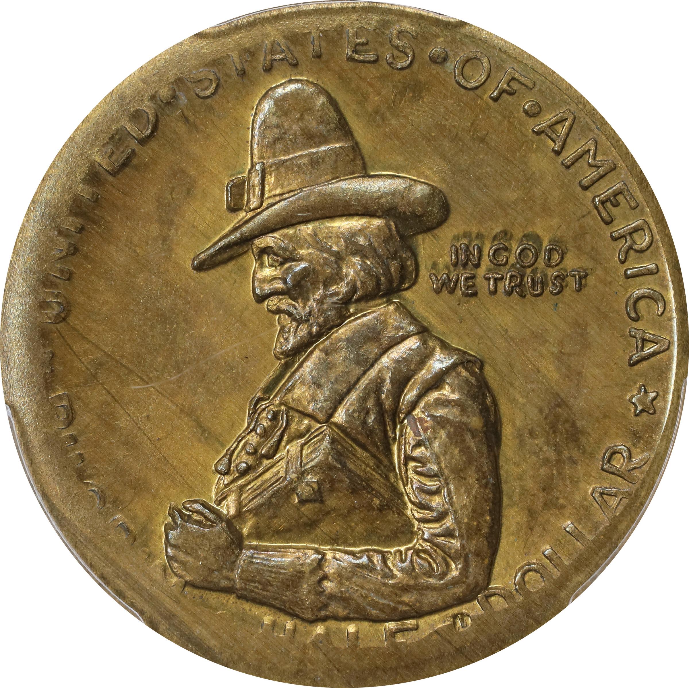 1920 Pattern Pilgrim Tercentenary Commemorative Half Dollar. Judd-C1920-2, Pollock-7030. Brass. Reeded Edge. MS-65 (PCGS).
