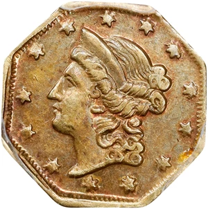 image for: Undated (1853-1854) Octagonal $1. BG-501. Rarity-5-. Liberty Head, "Humbert" Eagle Reverse. AU-58 (PCGS).