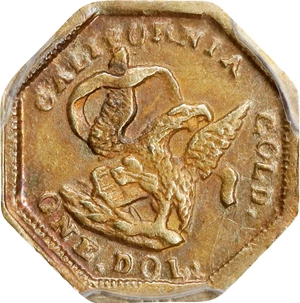 image for: Undated (1853-1854) Octagonal $1. BG-501. Rarity-5-. Liberty Head, "Humbert" Eagle Reverse. AU-58 (PCGS).