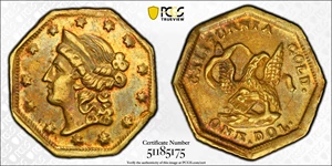 image for: Undated (1853-1854) Octagonal $1. BG-501. Rarity-5-. Liberty Head, "Humbert" Eagle Reverse. AU-58 (PCGS).