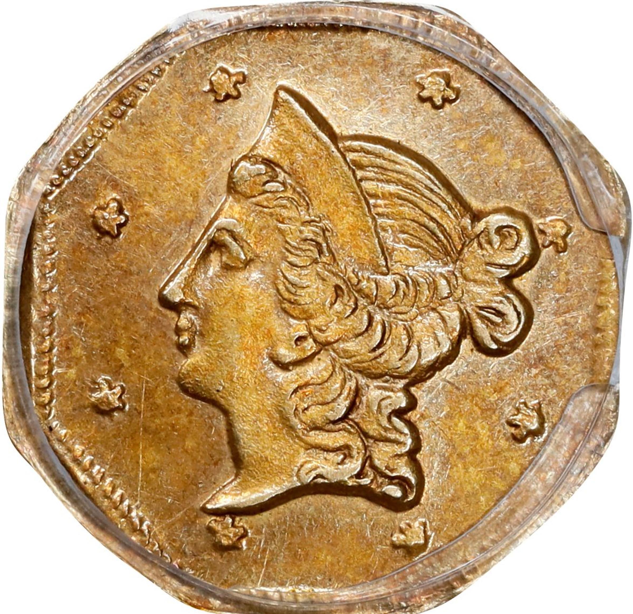 image for: 1853-DERI Octagonal $1. BG-519. Rarity-4-. Liberty Head. MS-62 (PCGS).