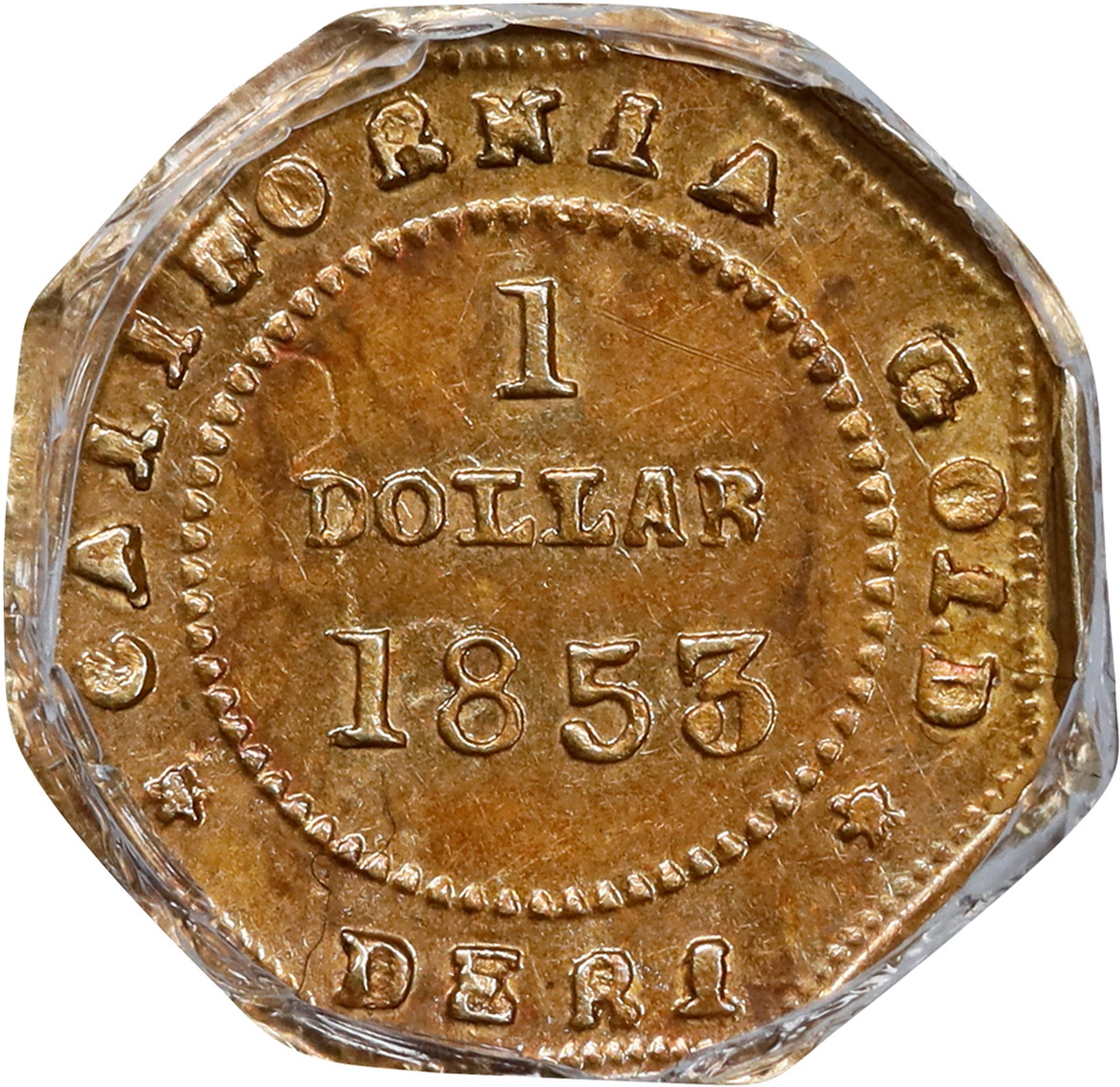 image for: 1853-DERI Octagonal $1. BG-519. Rarity-4-. Liberty Head. MS-62 (PCGS).