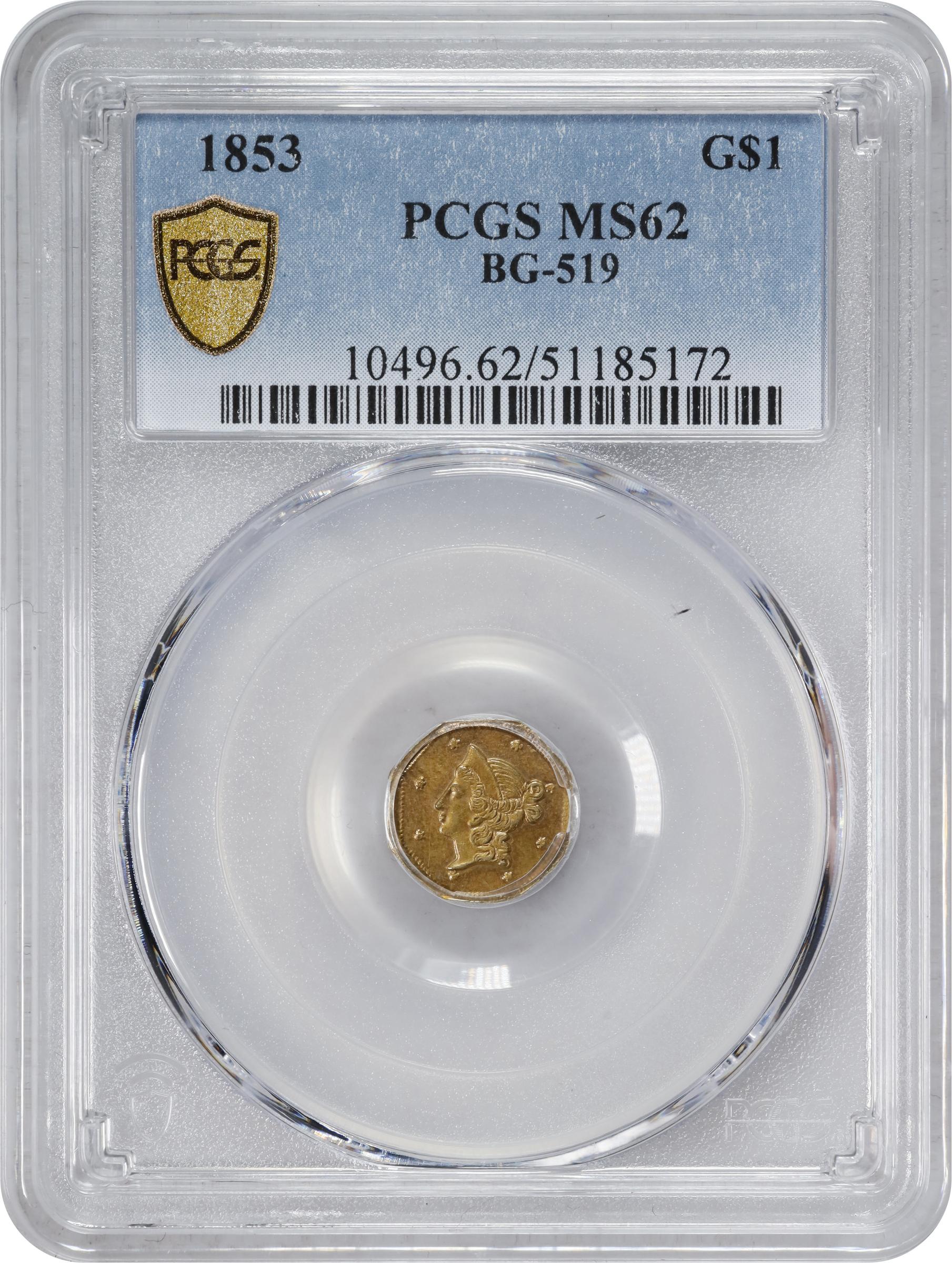 image for: 1853-DERI Octagonal $1. BG-519. Rarity-4-. Liberty Head. MS-62 (PCGS).
