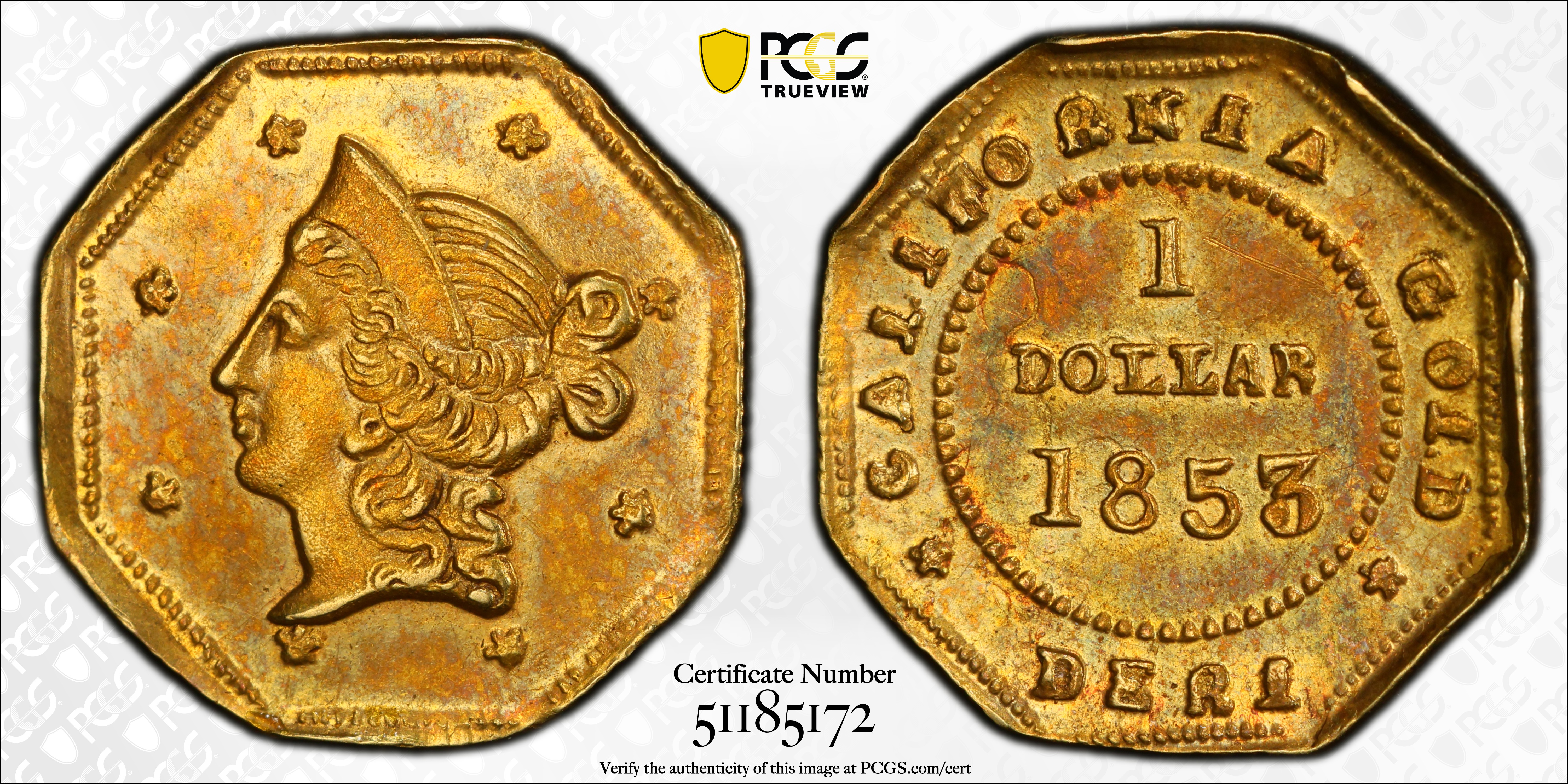 image for: 1853-DERI Octagonal $1. BG-519. Rarity-4-. Liberty Head. MS-62 (PCGS).