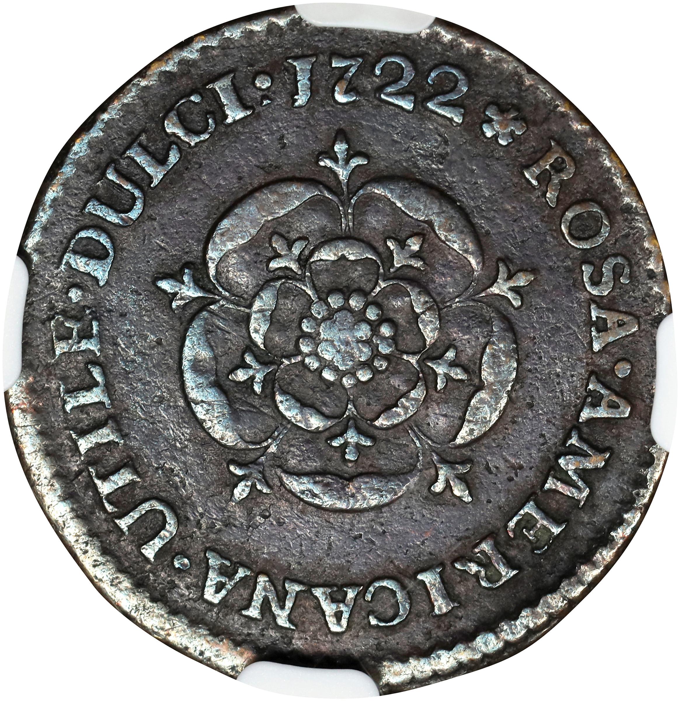 image for: 1722 Rosa Americana Halfpenny. Martin 3.6-C.2, W-1222. Rarity-4. DEI GRATIA REX / UTILE DULCI. Fine-12 (NGC).