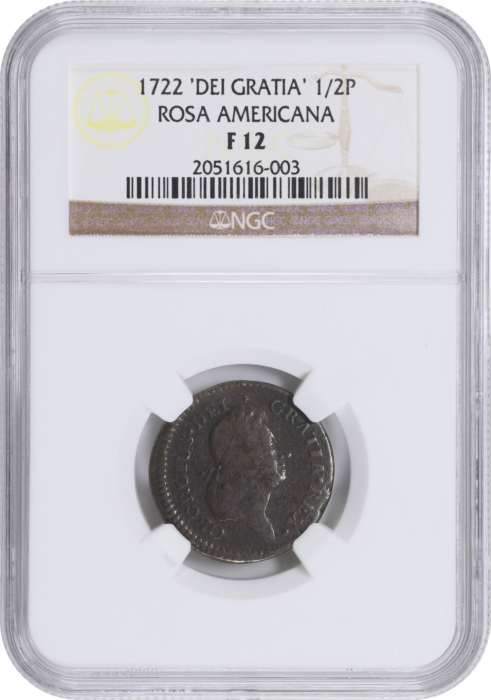image for: 1722 Rosa Americana Halfpenny. Martin 3.6-C.2, W-1222. Rarity-4. DEI GRATIA REX / UTILE DULCI. Fine-12 (NGC).