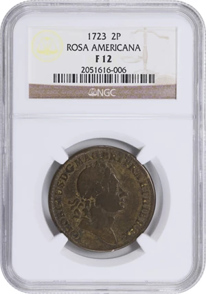 image for: 1723 Rosa Americana Twopence. Martin 3.7-E.9, W-1334. Rarity-4. Fine-12 (NGC).