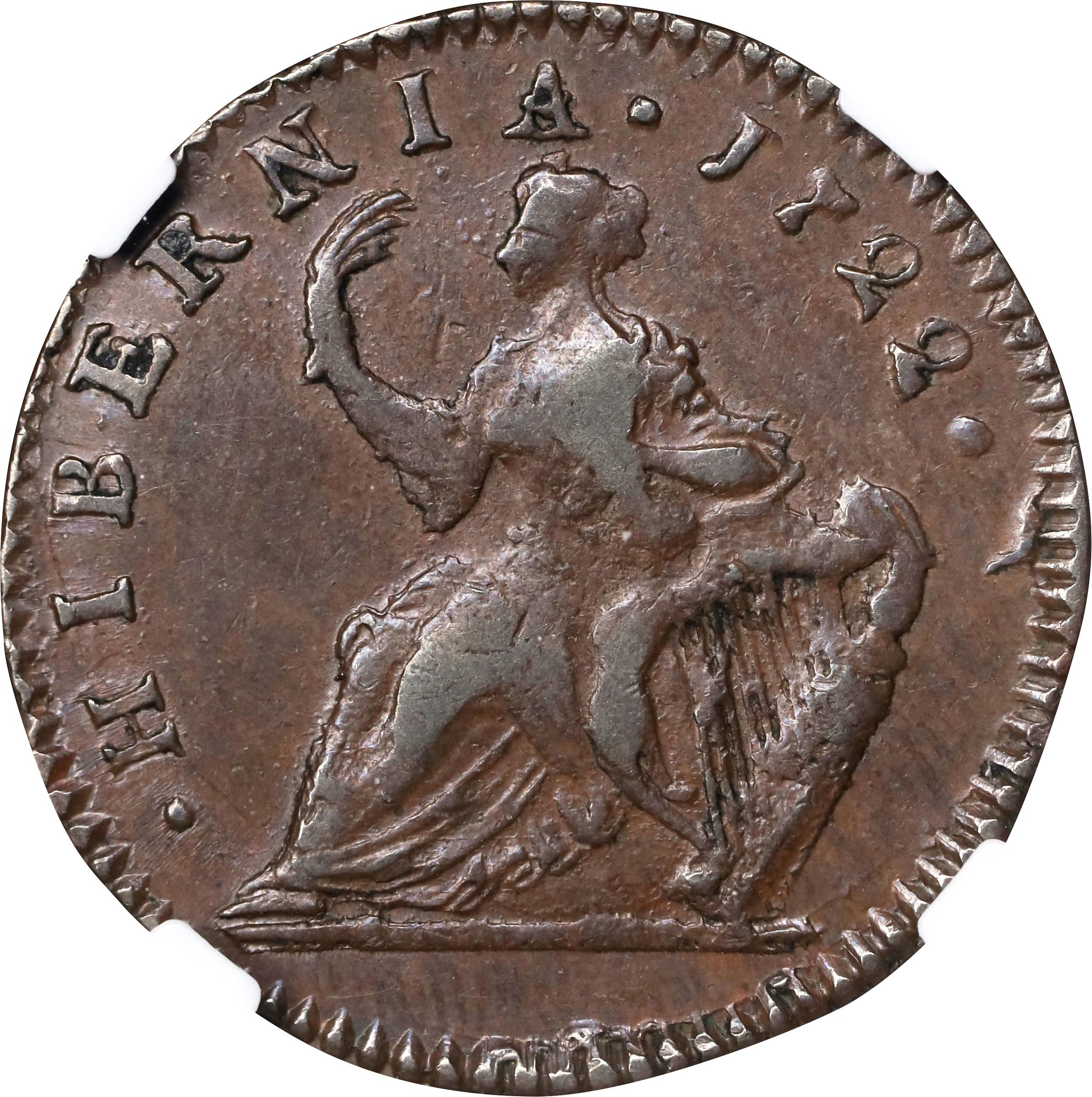 image for: 1722 Wood's Hibernia Halfpenny. Martin 5.2-C.2, W-12810. Rarity-5. Second Type, Harp at Right. EF-45 BN (NGC).
