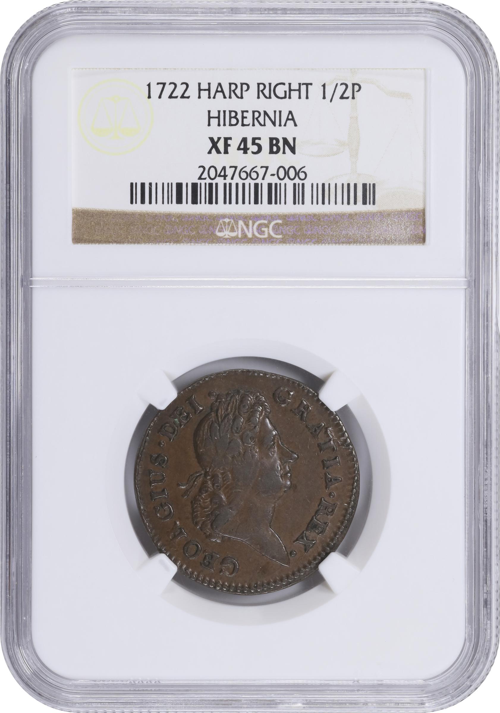 image for: 1722 Wood's Hibernia Halfpenny. Martin 5.2-C.2, W-12810. Rarity-5. Second Type, Harp at Right. EF-45 BN (NGC).