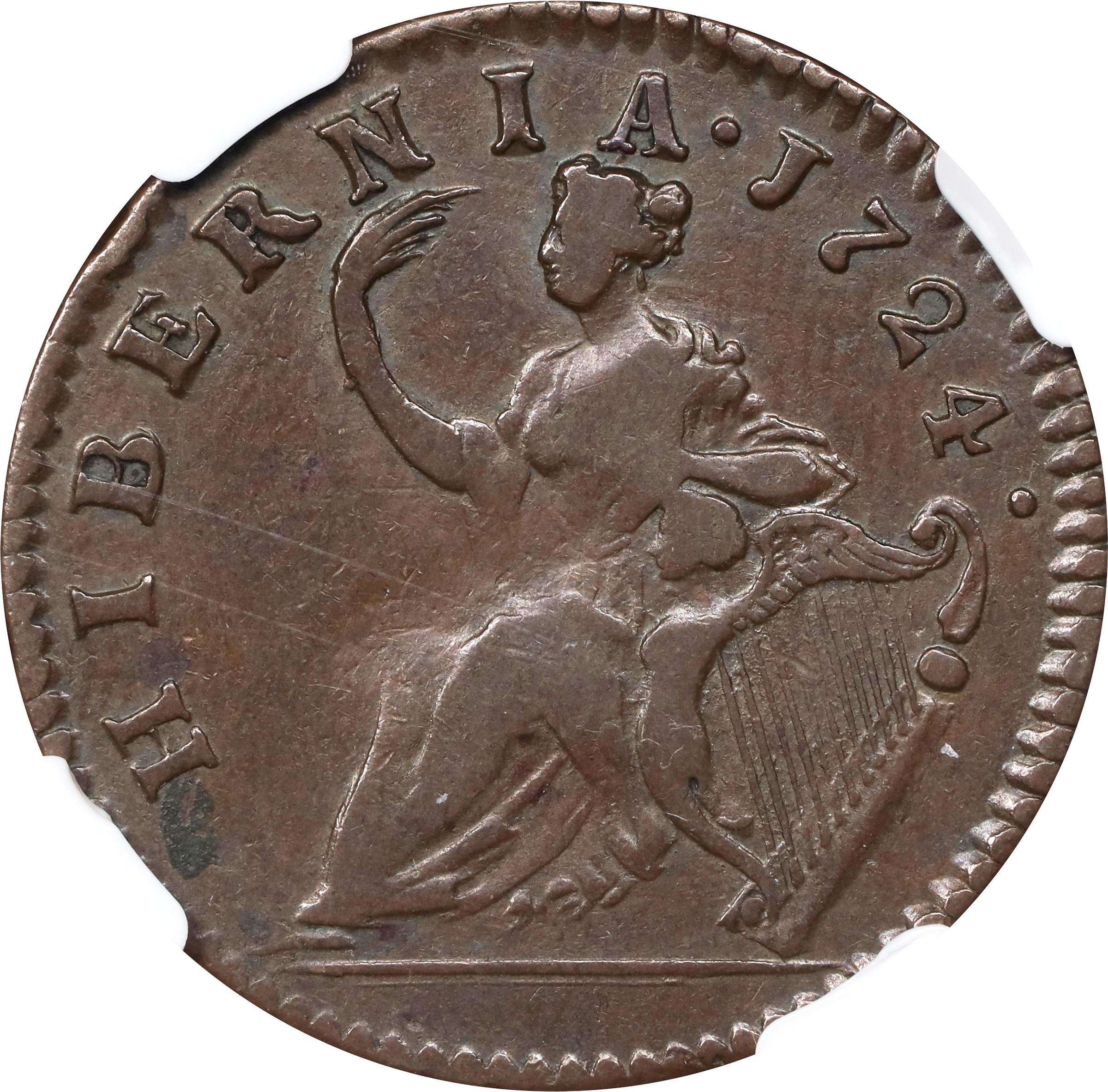 image for: 1724 Wood's Hibernia Halfpenny. Martin 4.51-K.4, W-13690. Rarity-2. VF-25 BN (NGC).