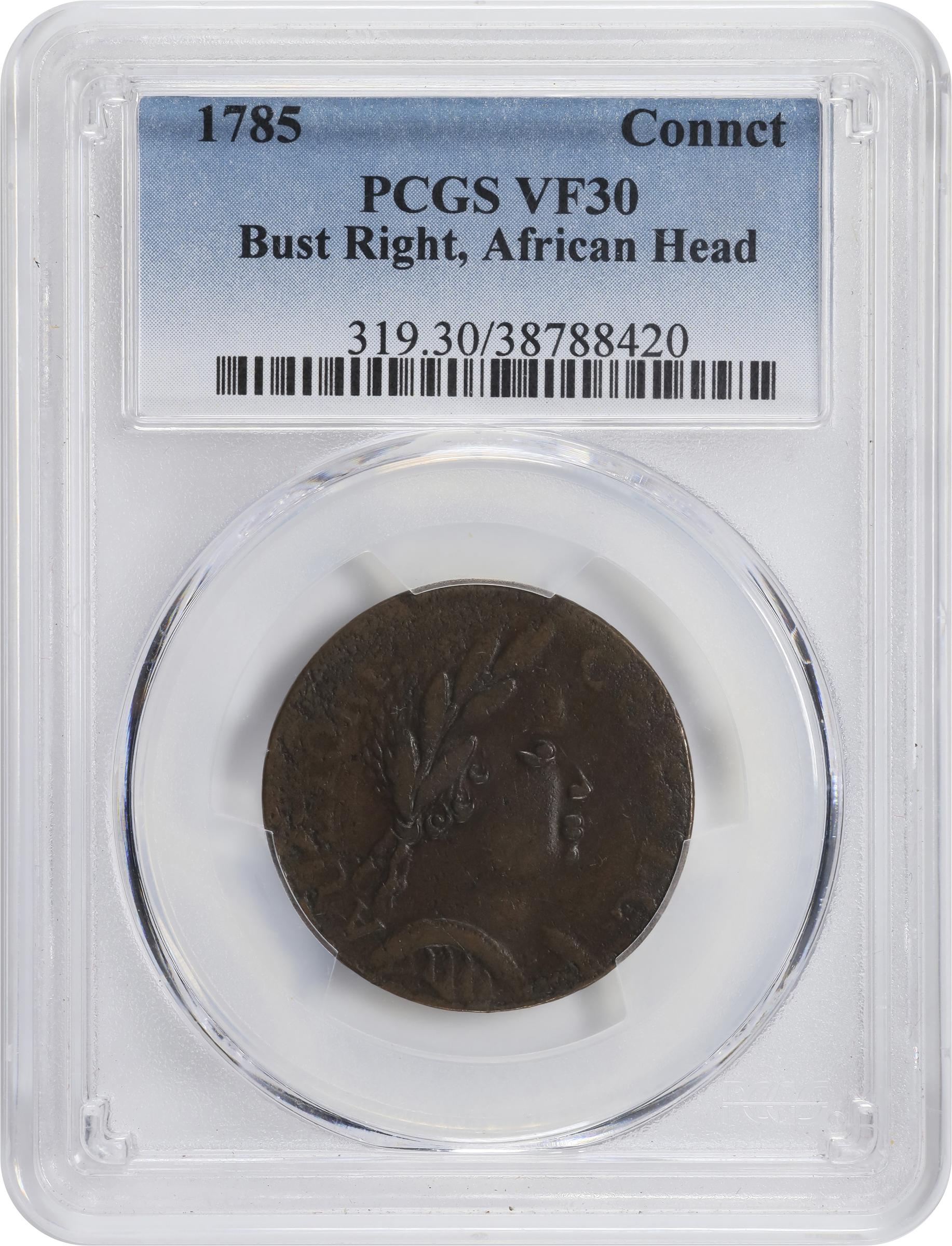 image for: 1785 Connecticut Copper. Miller 4.1-F.4, W-2355. Rarity-1. Bust Right, African Head. VF-30 (PCGS).