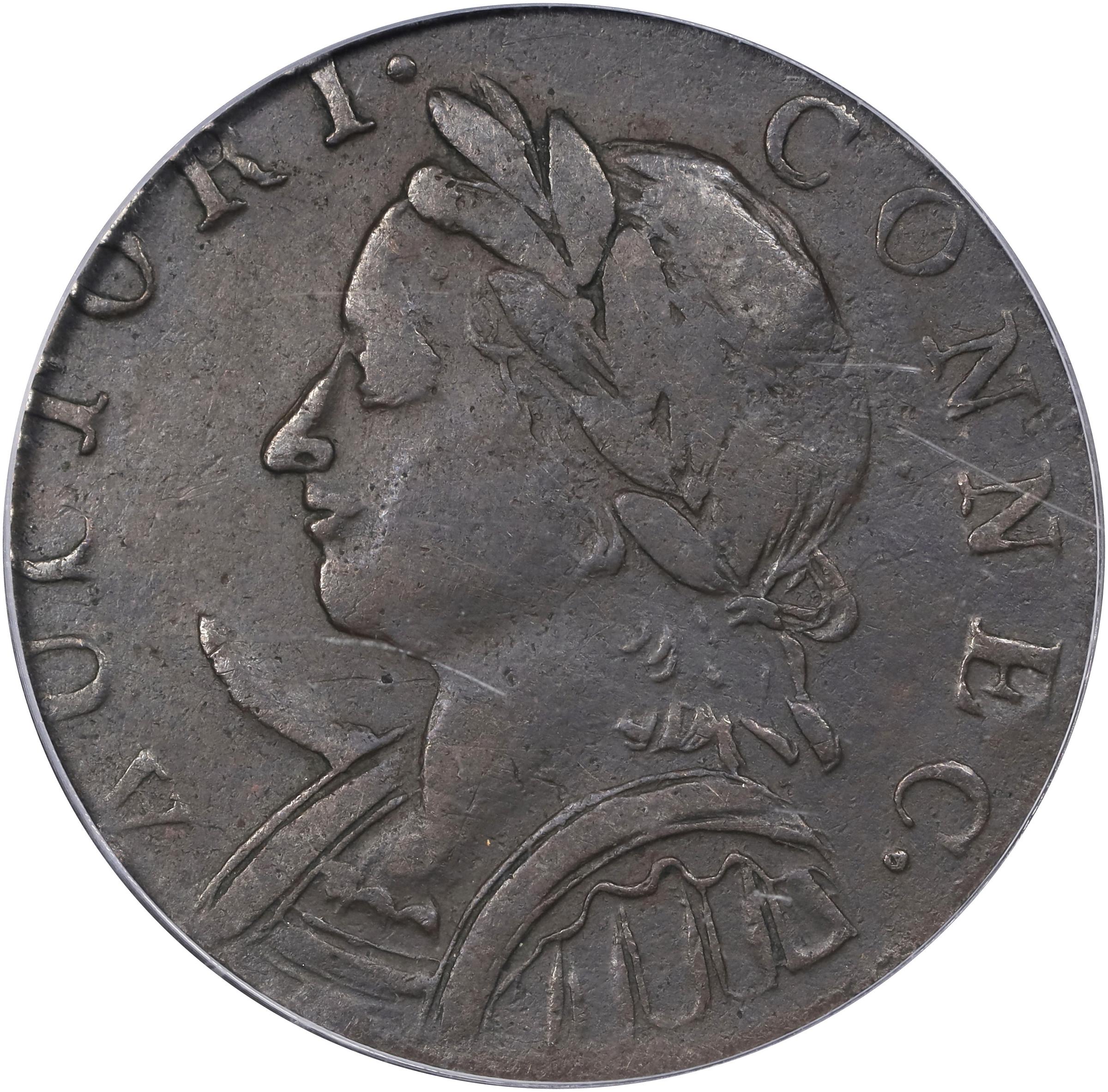 image for: 1787 Connecticut Copper. Miller 4-L, W-2810. Rarity-1. Mailed Bust Left, Horned Bust. VF-35 (PCGS).