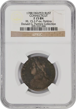 image for: 1788 Connecticut Copper. Miller 15.2-P, W-4590. Rarity-5. Draped Bust Left. Fine-15 BN (NGC).