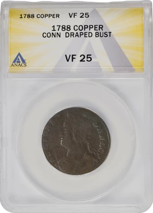 image for: 1788 Connecticut Copper. Miller 16.5-H, W-4625. Rarity-5. Draped Bust Left. VF-25 (ANACS).