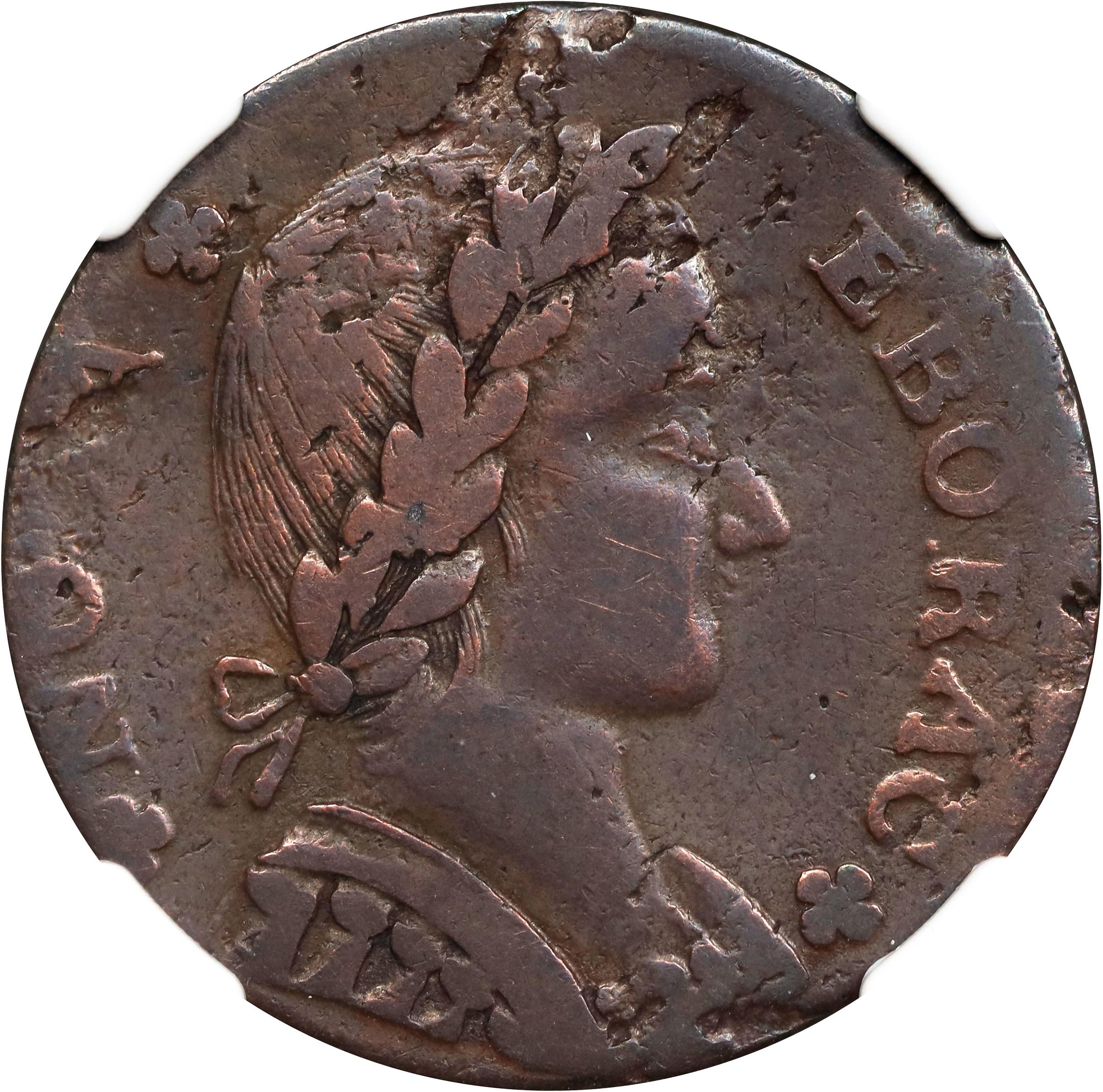 image for: 1787 Nova Eborac Copper. W-5755. Rarity-3. Medium Bust, Seated Figure Left. Fine-12 BN (NGC).