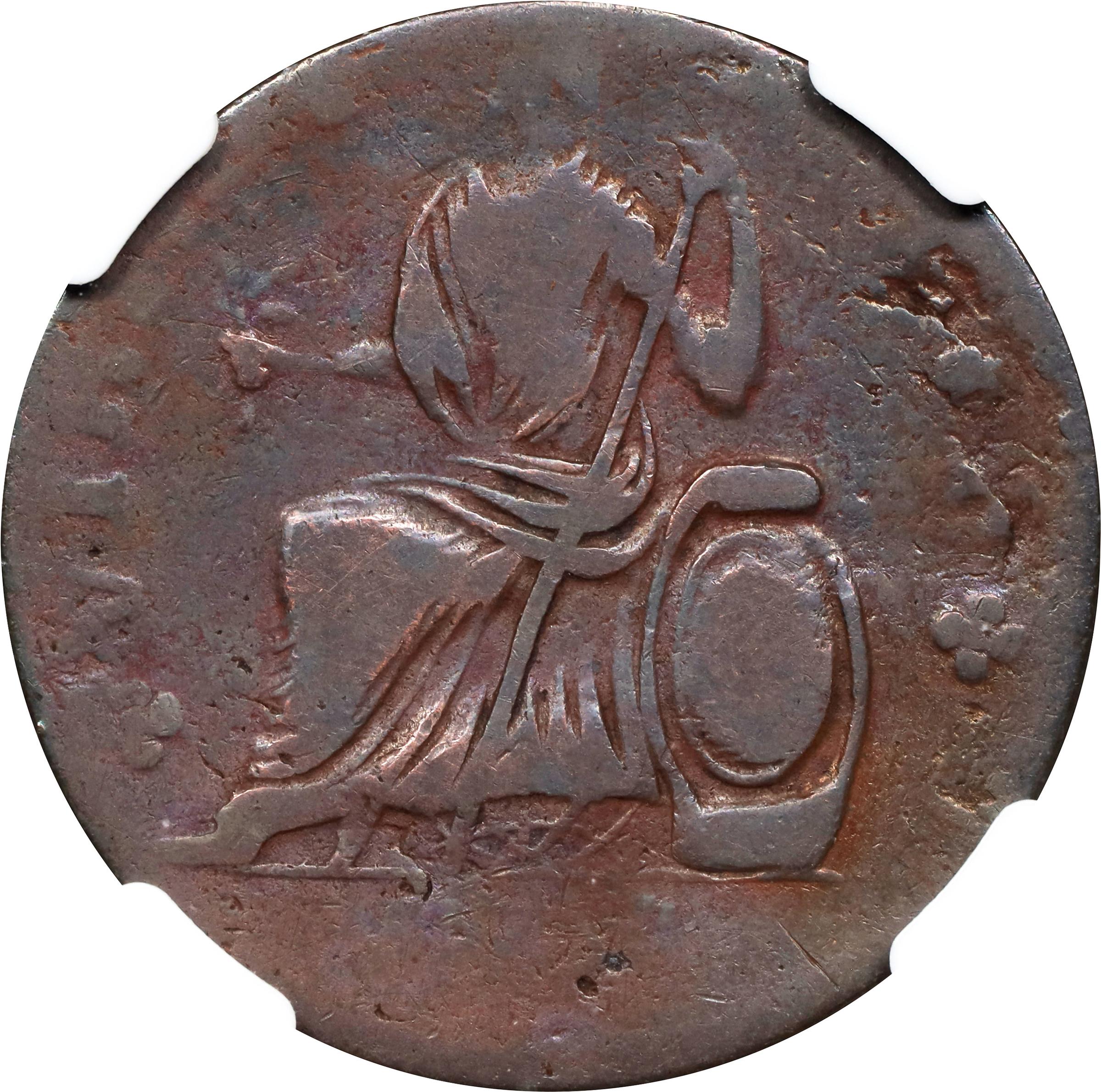 image for: 1787 Nova Eborac Copper. W-5755. Rarity-3. Medium Bust, Seated Figure Left. Fine-12 BN (NGC).