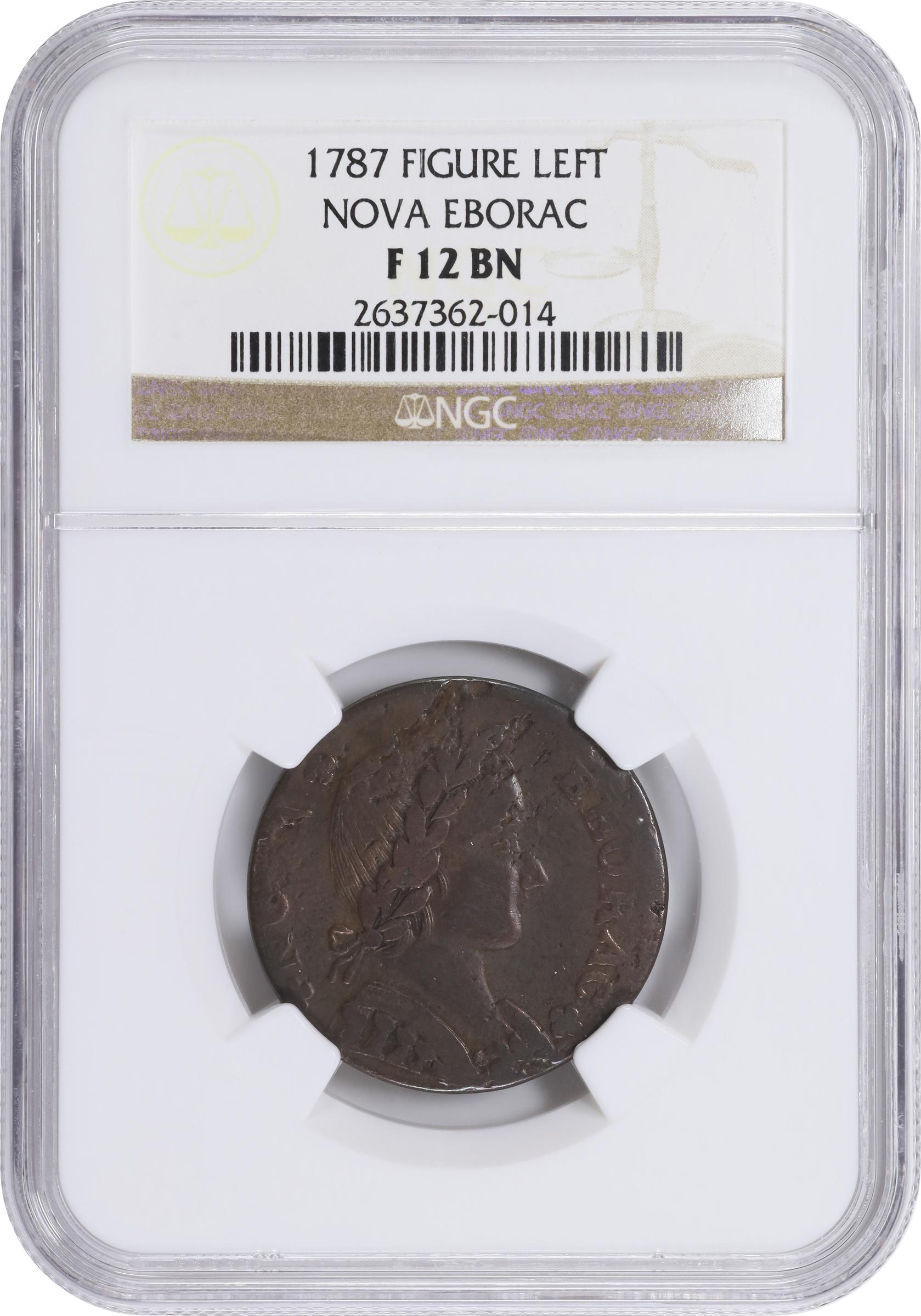 image for: 1787 Nova Eborac Copper. W-5755. Rarity-3. Medium Bust, Seated Figure Left. Fine-12 BN (NGC).
