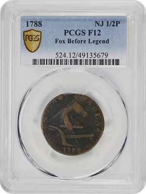 image for: 1788 New Jersey Copper. Maris 77-dd (DS3), i.e. 78-dd, W-5535. Rarity-2. Head Right, Running Fox Before Legend. Fine-12 (PCGS).