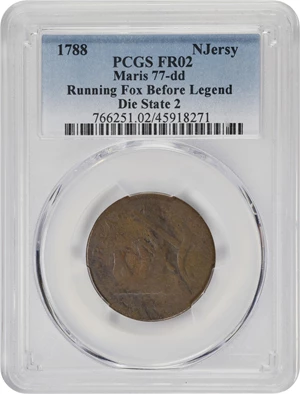 image for: 1788 New Jersey Copper. Maris 77-dd (DS3), i.e. 78-dd, W-5535. Rarity-2. Head Right, Running Fox Before Legend. Fair-2 (PCGS).