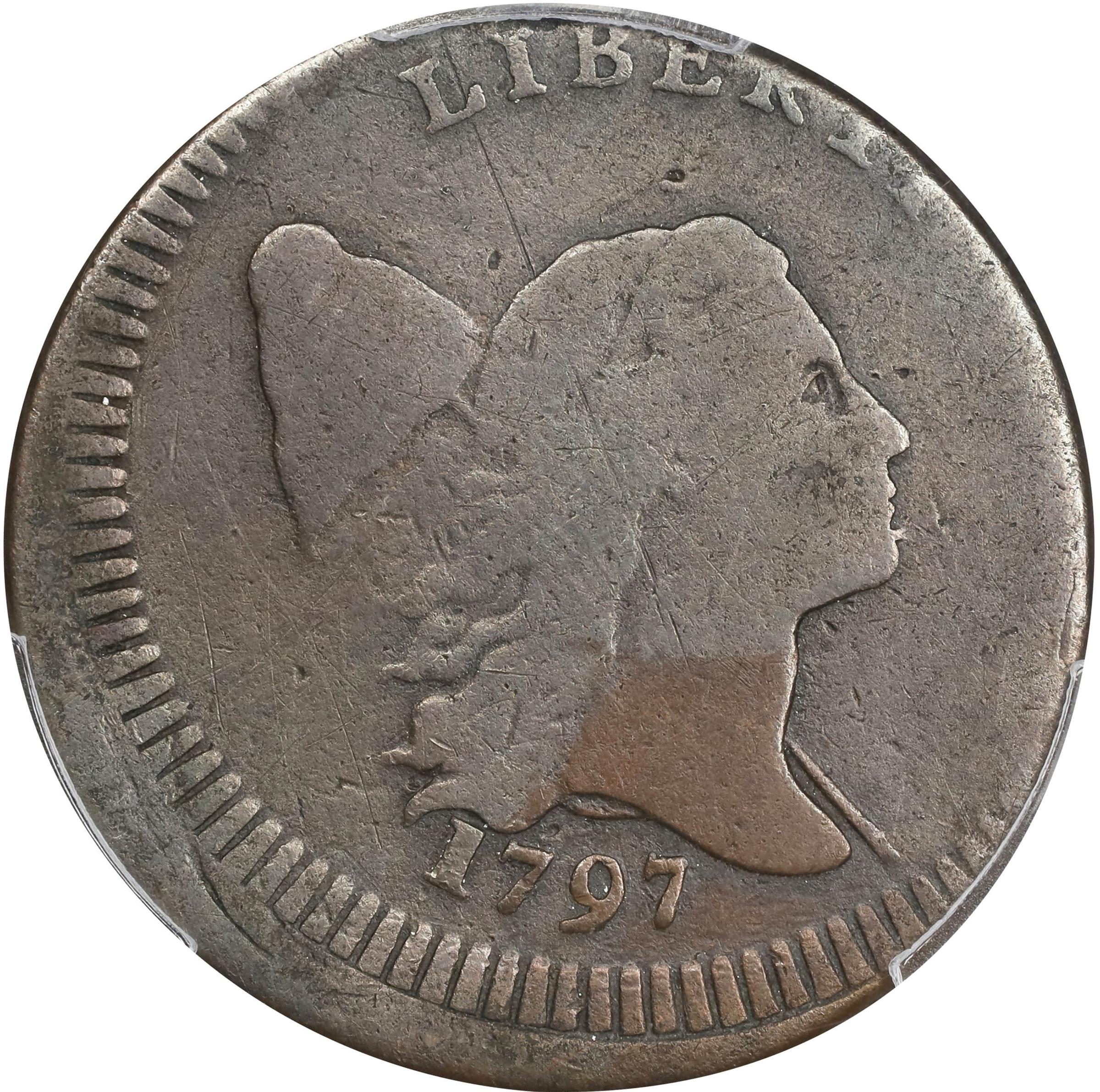 image for: 1797 Liberty Cap Half Cent. C-3a. Rarity-3. Low Head, Plain Edge. Struck 10% Off Center. VG-8 (PCGS).