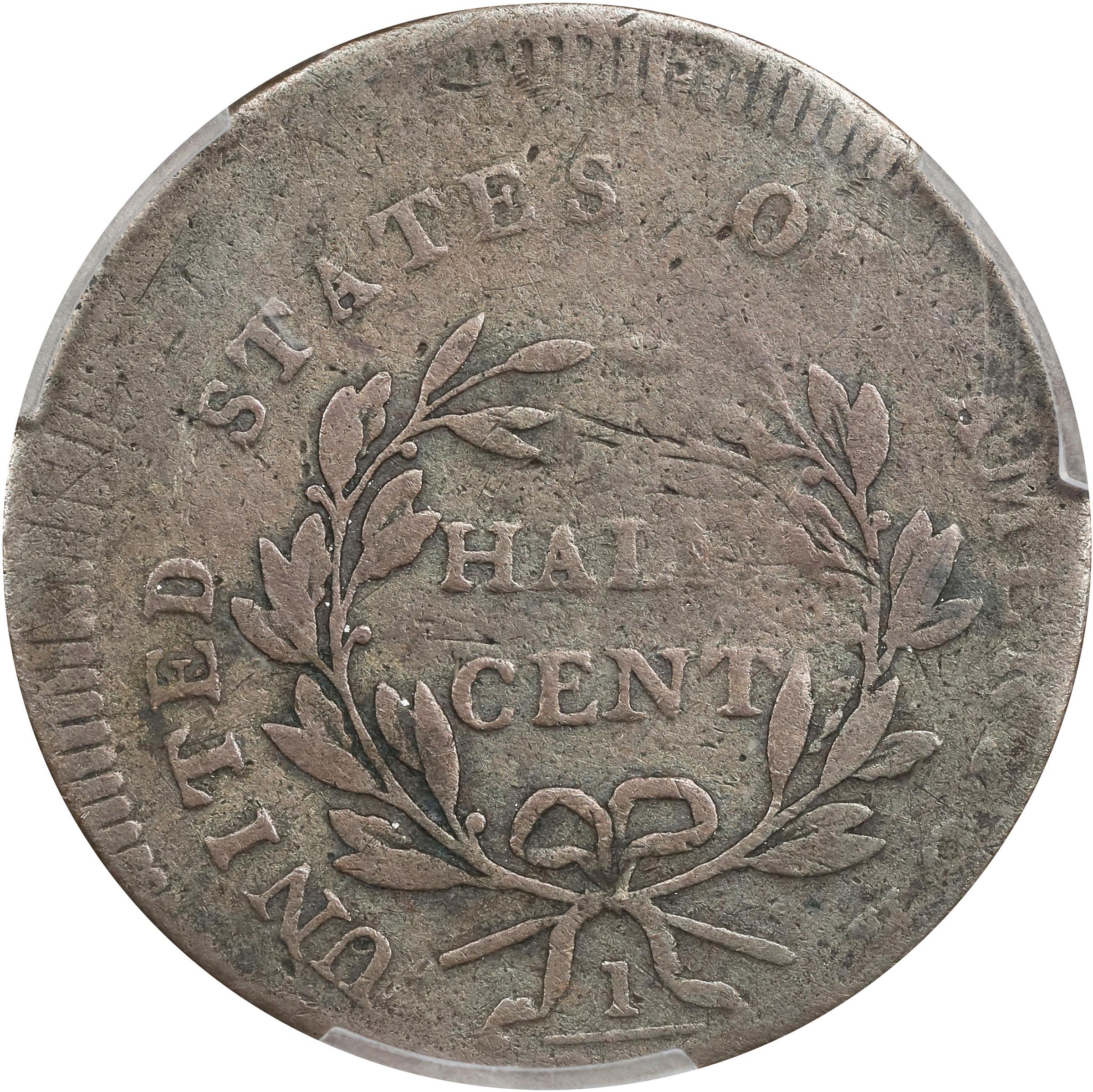 image for: 1797 Liberty Cap Half Cent. C-3a. Rarity-3. Low Head, Plain Edge. Struck 10% Off Center. VG-8 (PCGS).