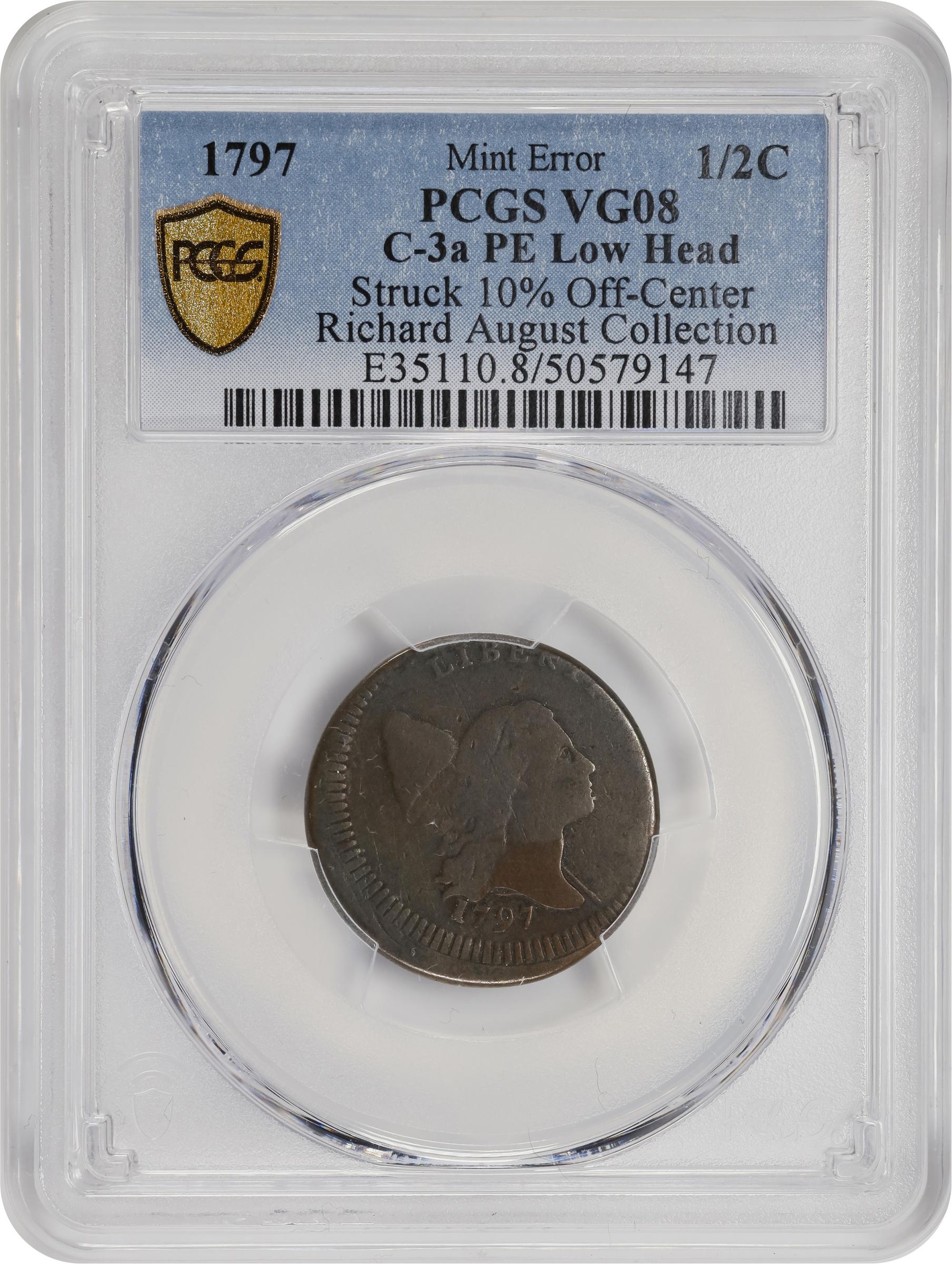 image for: 1797 Liberty Cap Half Cent. C-3a. Rarity-3. Low Head, Plain Edge. Struck 10% Off Center. VG-8 (PCGS).