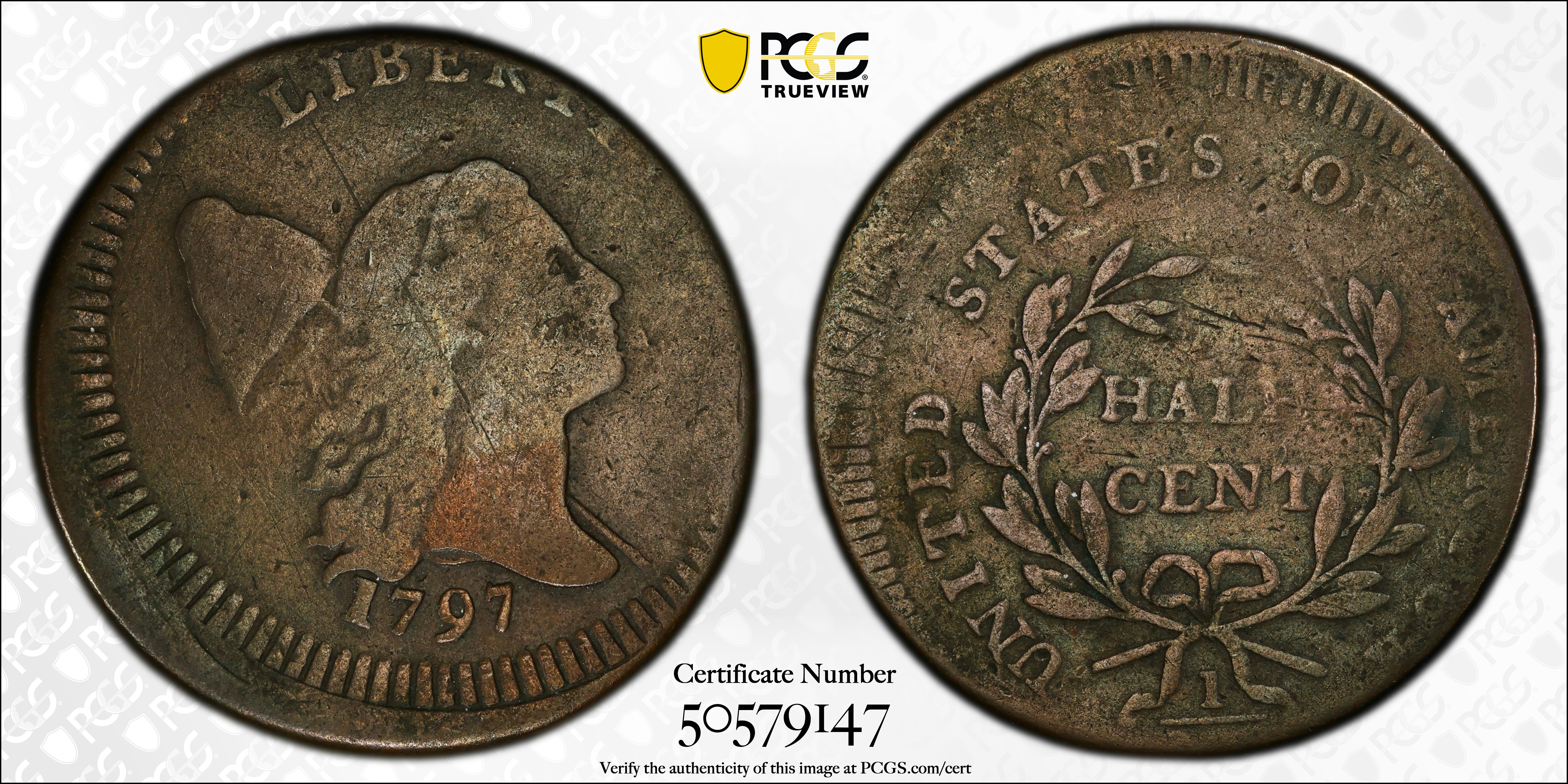 image for: 1797 Liberty Cap Half Cent. C-3a. Rarity-3. Low Head, Plain Edge. Struck 10% Off Center. VG-8 (PCGS).