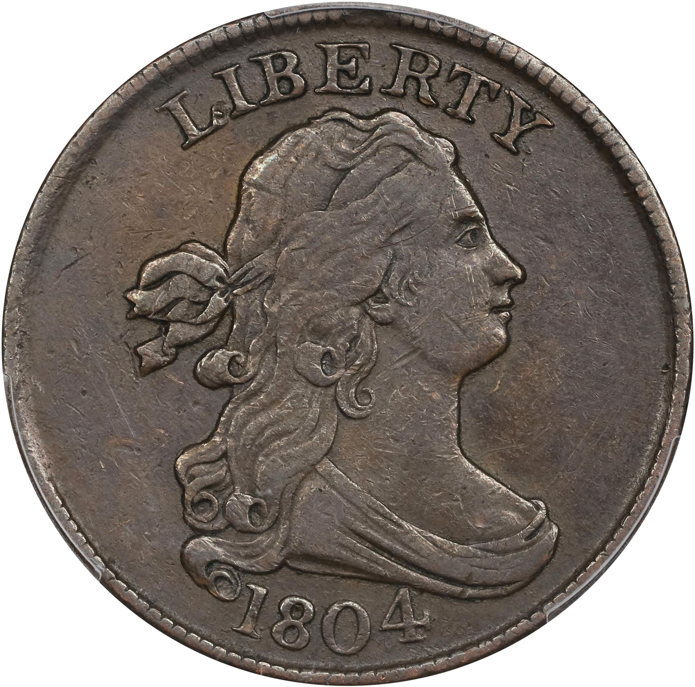 image for: 1804 Draped Bust Half Cent. C-1. Rarity-3. Crosslet 4, Stems to Wreath. AU-50 (PCGS).