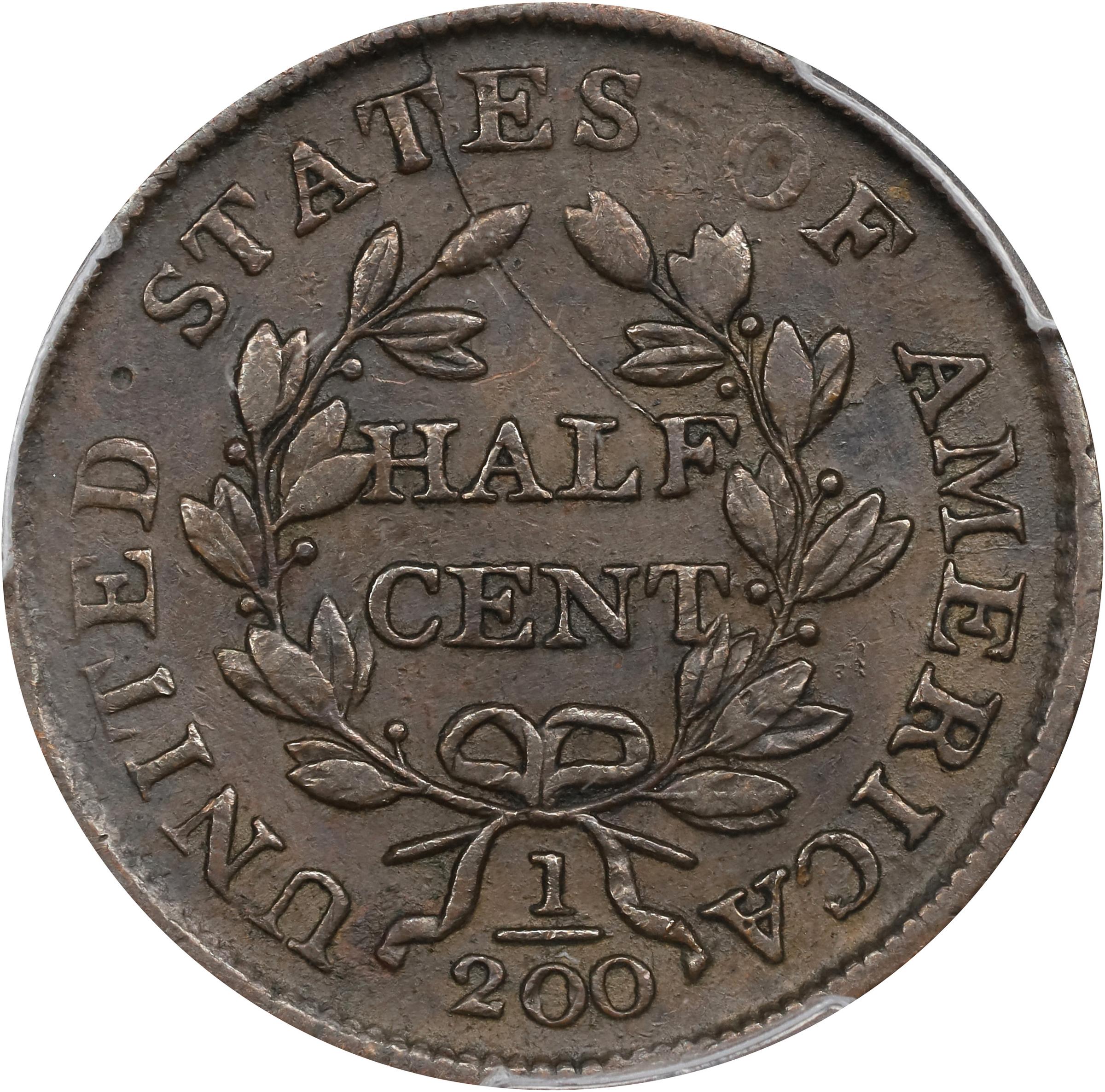 image for: 1804 Draped Bust Half Cent. C-1. Rarity-3. Crosslet 4, Stems to Wreath. AU-50 (PCGS).