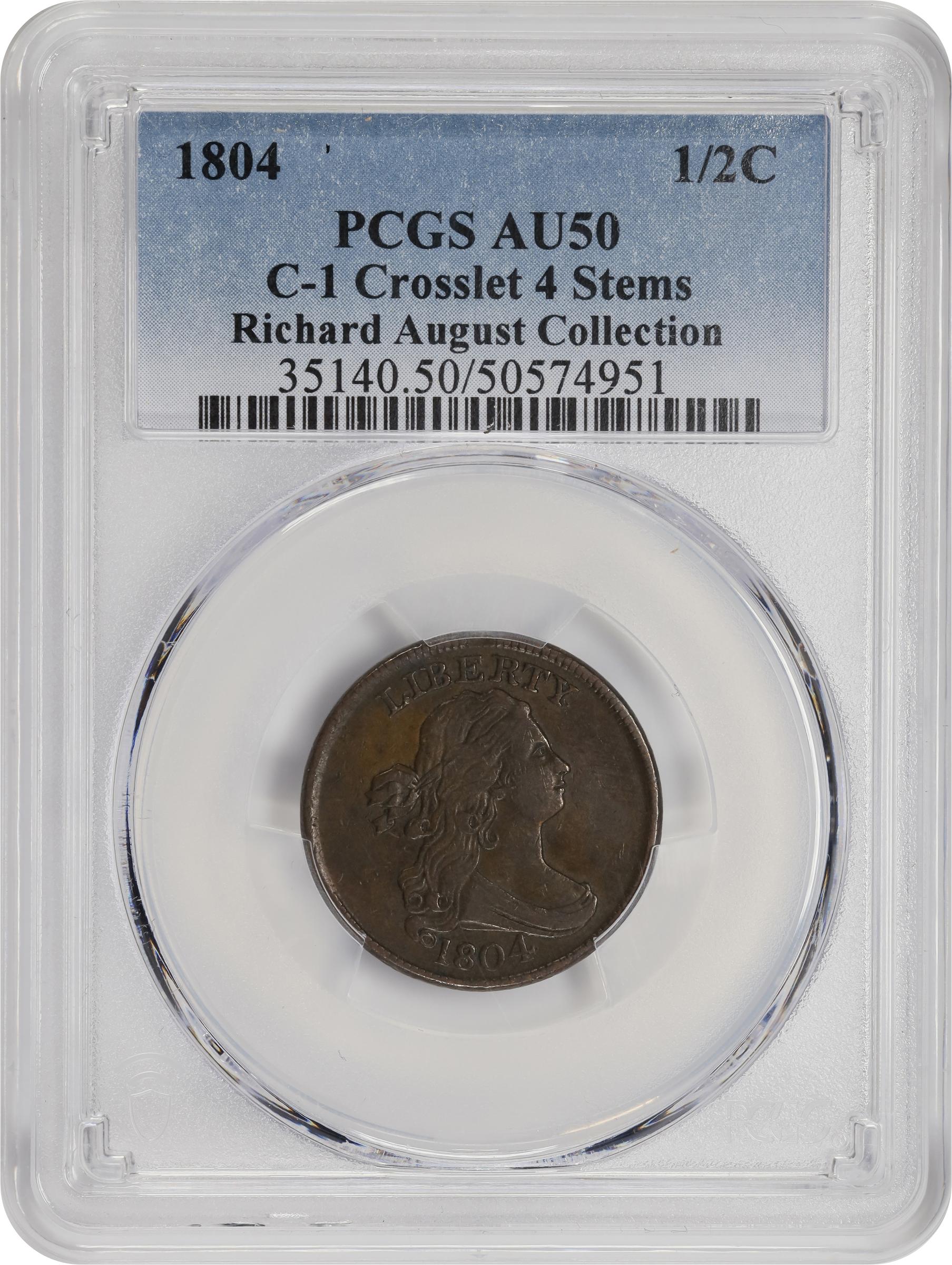 image for: 1804 Draped Bust Half Cent. C-1. Rarity-3. Crosslet 4, Stems to Wreath. AU-50 (PCGS).