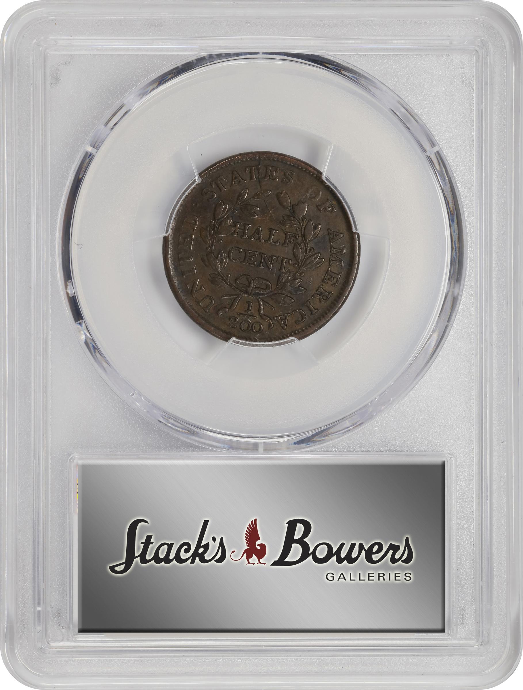 image for: 1804 Draped Bust Half Cent. C-1. Rarity-3. Crosslet 4, Stems to Wreath. AU-50 (PCGS).