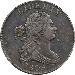 image for: 1805 Draped Bust Half Cent. C-4. Rarity-2. Large 5, Stems to Wreath. AU-50 (PCGS).