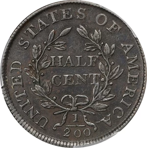 image for: 1805 Draped Bust Half Cent. C-4. Rarity-2. Large 5, Stems to Wreath. AU-50 (PCGS).