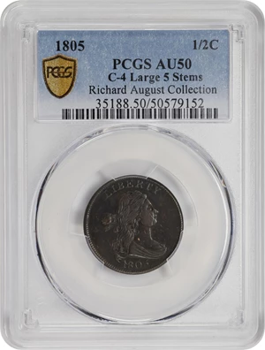 image for: 1805 Draped Bust Half Cent. C-4. Rarity-2. Large 5, Stems to Wreath. AU-50 (PCGS).