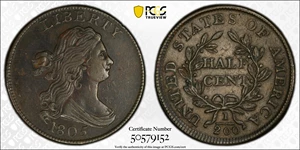 image for: 1805 Draped Bust Half Cent. C-4. Rarity-2. Large 5, Stems to Wreath. AU-50 (PCGS).