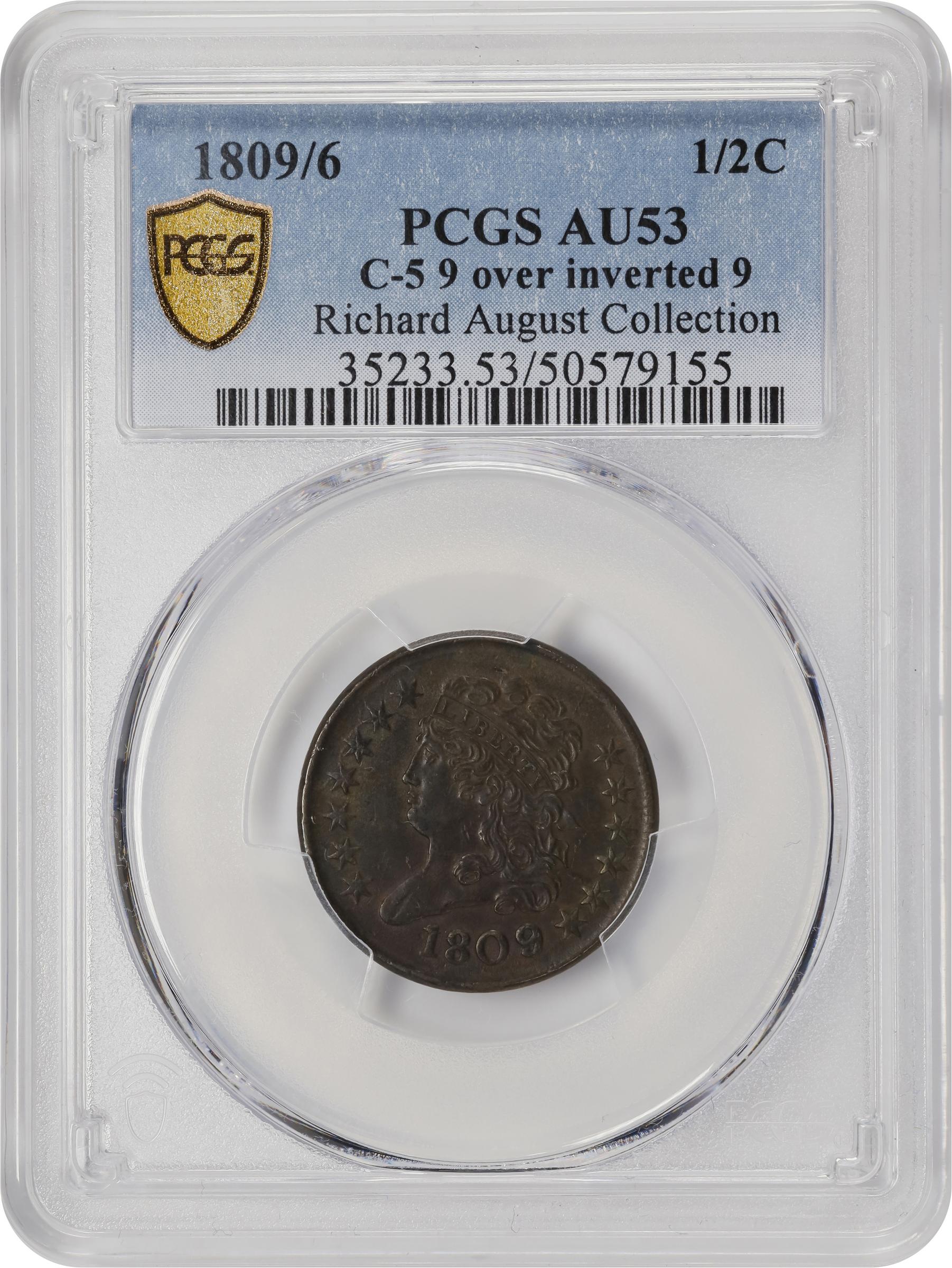 image for: 1809/'6' Classic Head Half Cent. C-5. Rarity-1. 9/Inverted 9. AU-53 (PCGS).